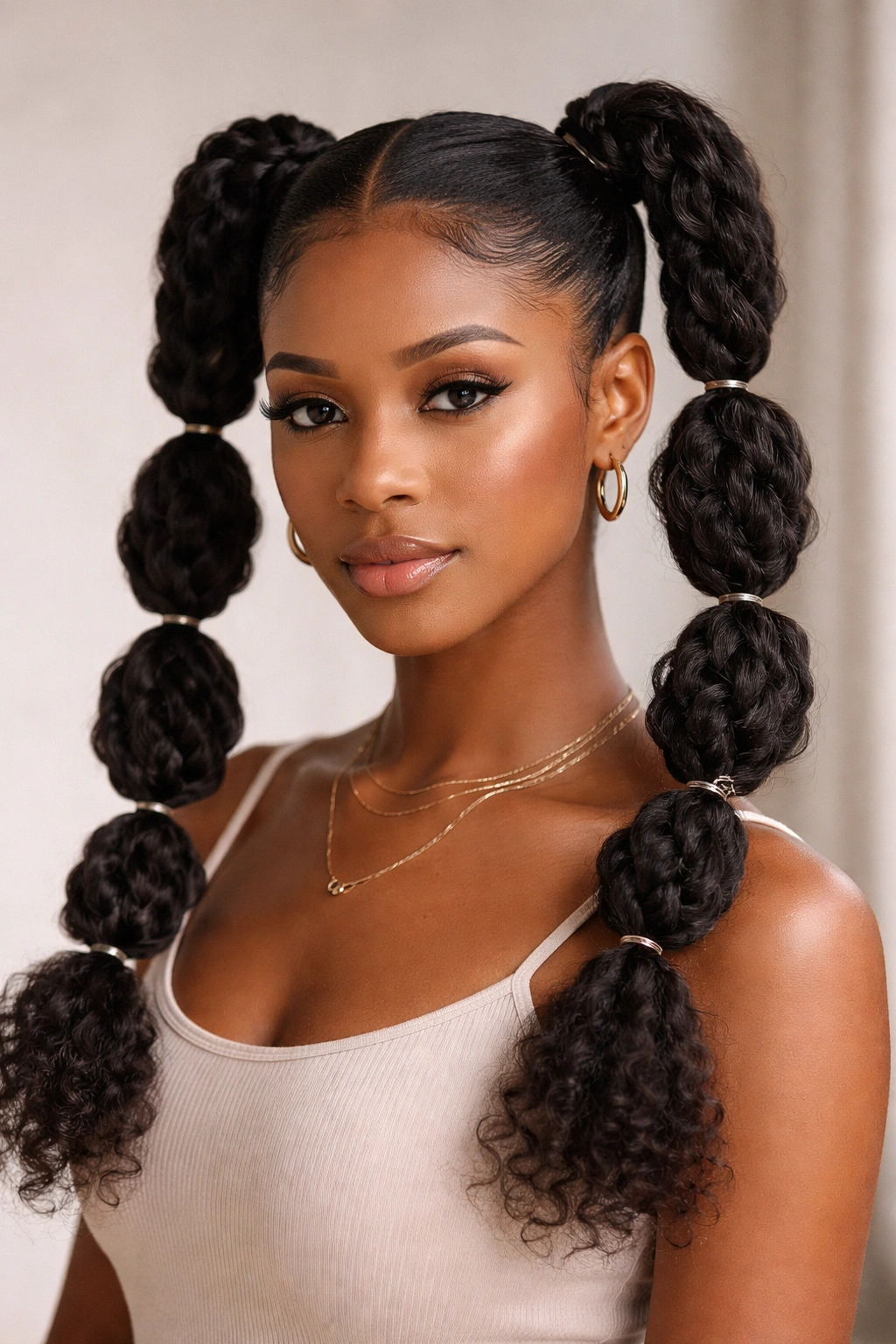 Bubble-ended twists with rounded segments along two ponytails