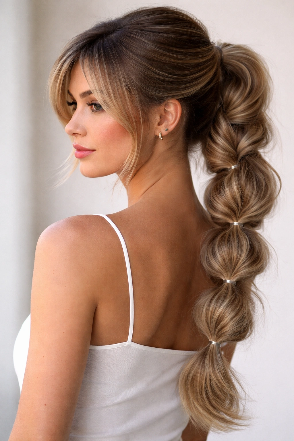 Bubble-infused fishtail ponytail with side bangs and bubble segments.