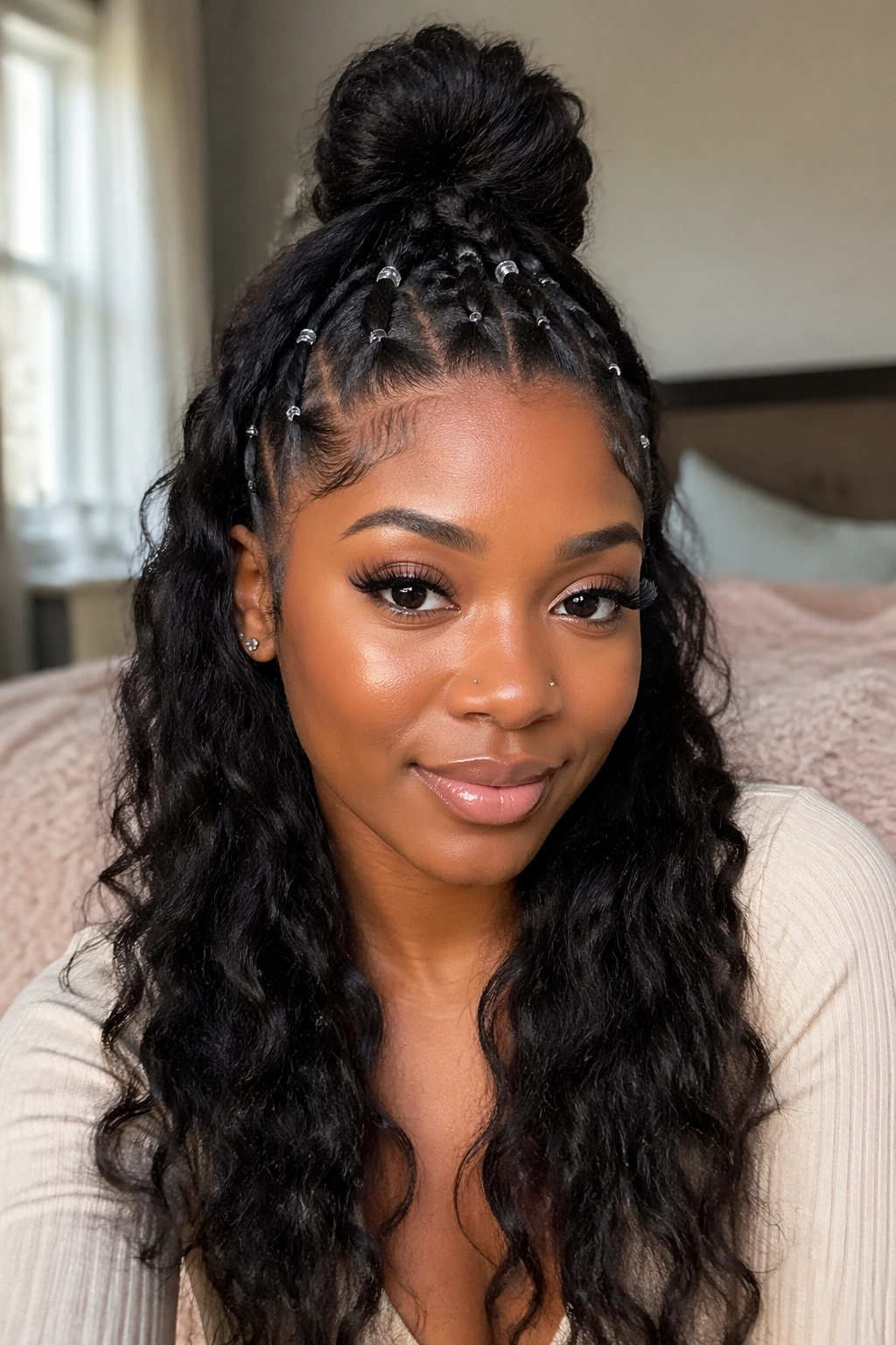 Close-up of a real Black woman with bubble half pony and bun finish