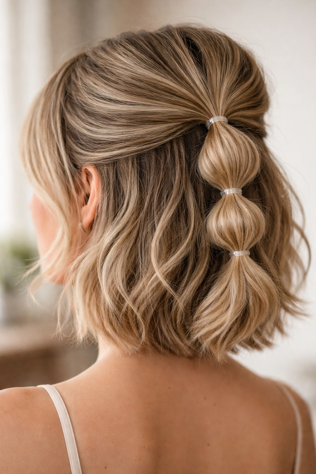 Back view of a bubble half pony on layered short hair