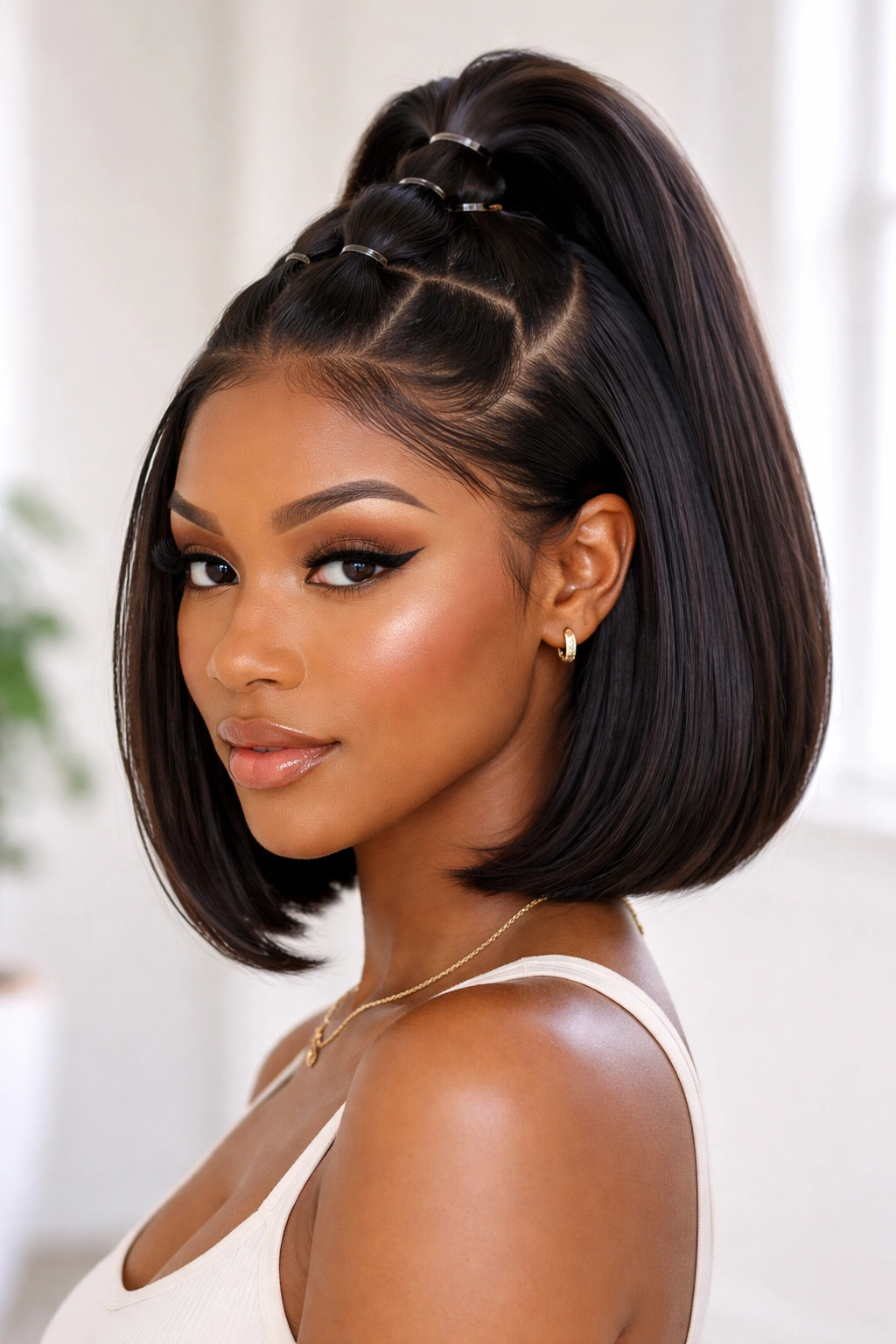 Bubble half pony with small even sections on a bob hairstyle