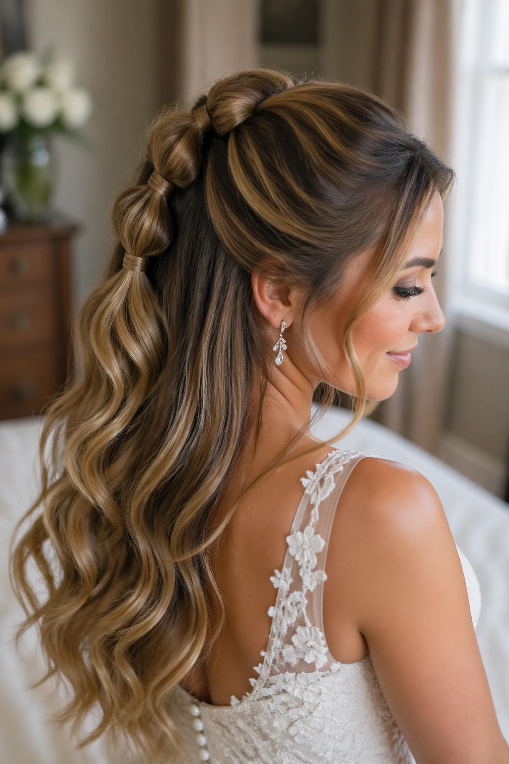 Close-up of a bride's bubble half-pony hairstyle with wrapped elastics.
