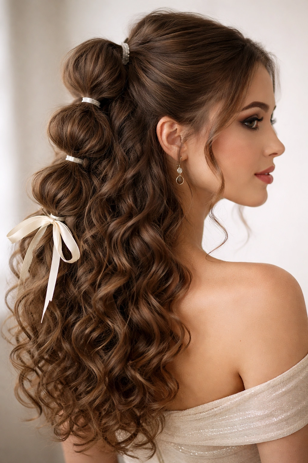 Bubble half ponytail hairstyle with curly texture