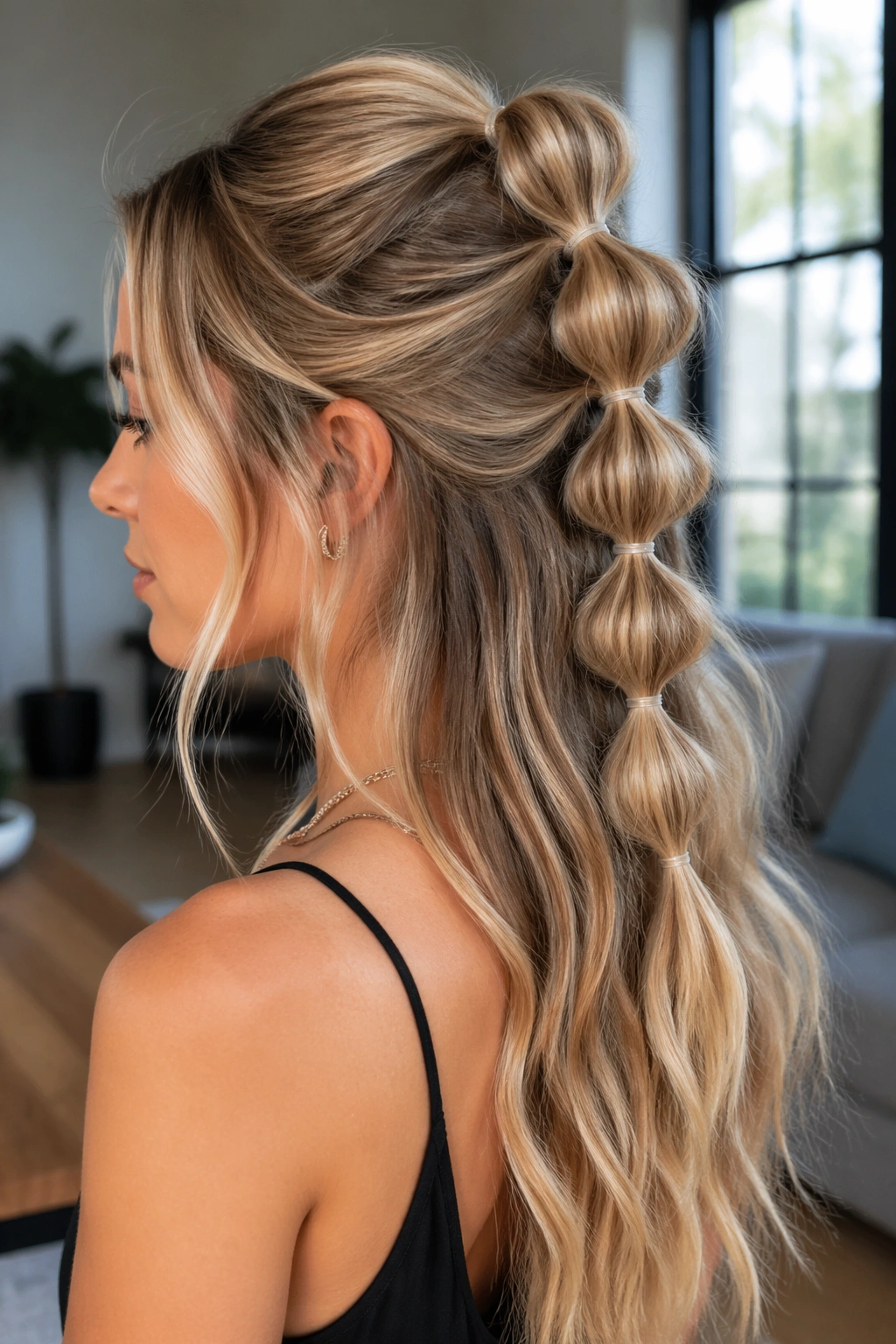 Close-up portrait of a real woman with a bubble half ponytail