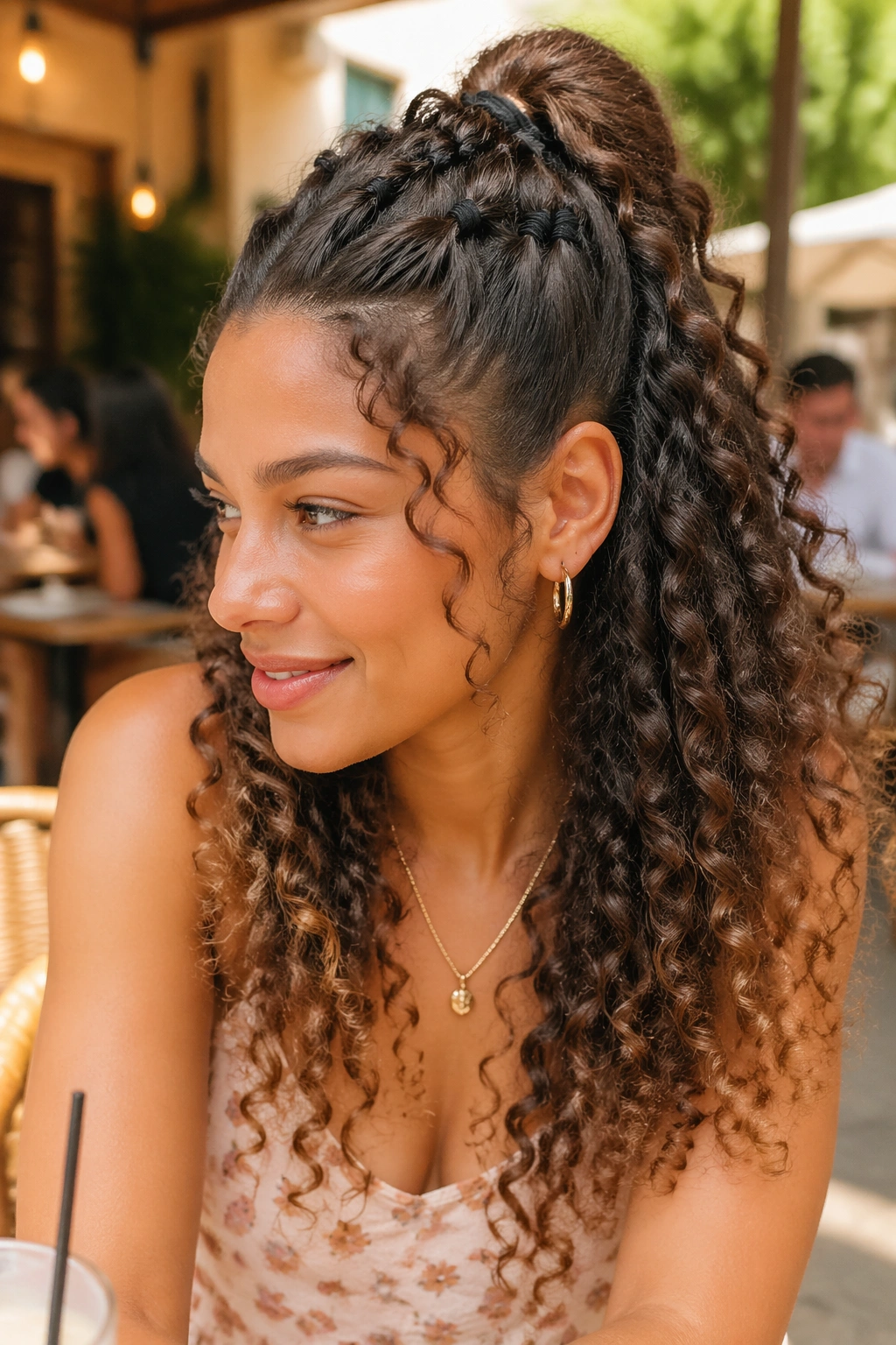 Real woman with bubble ponytail on defined curls in a sunny cafe