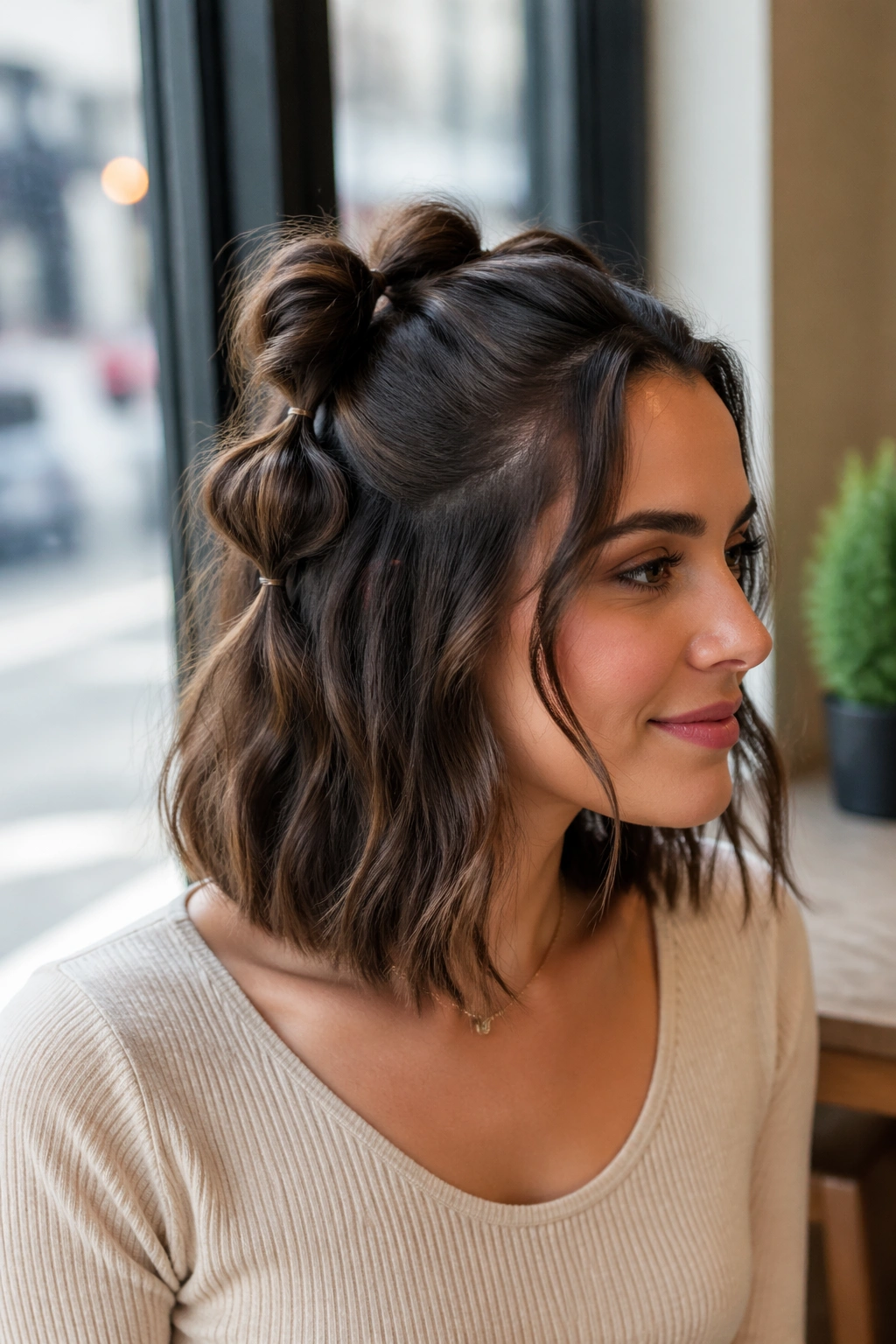 Close-up of a real woman with bubble half-up on a lob hairstyle