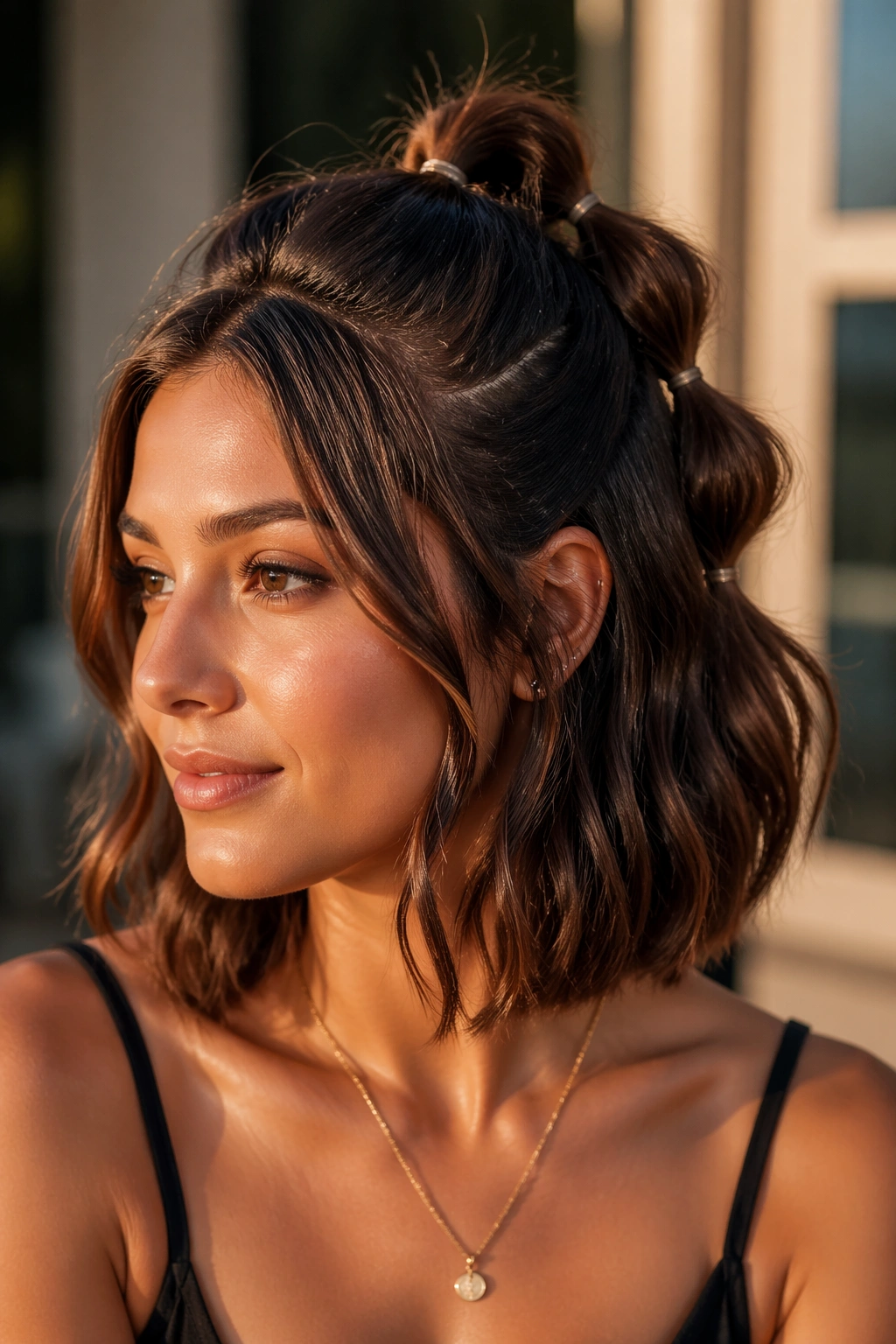 Close-up of bubble half-up pony hairstyle on short hair