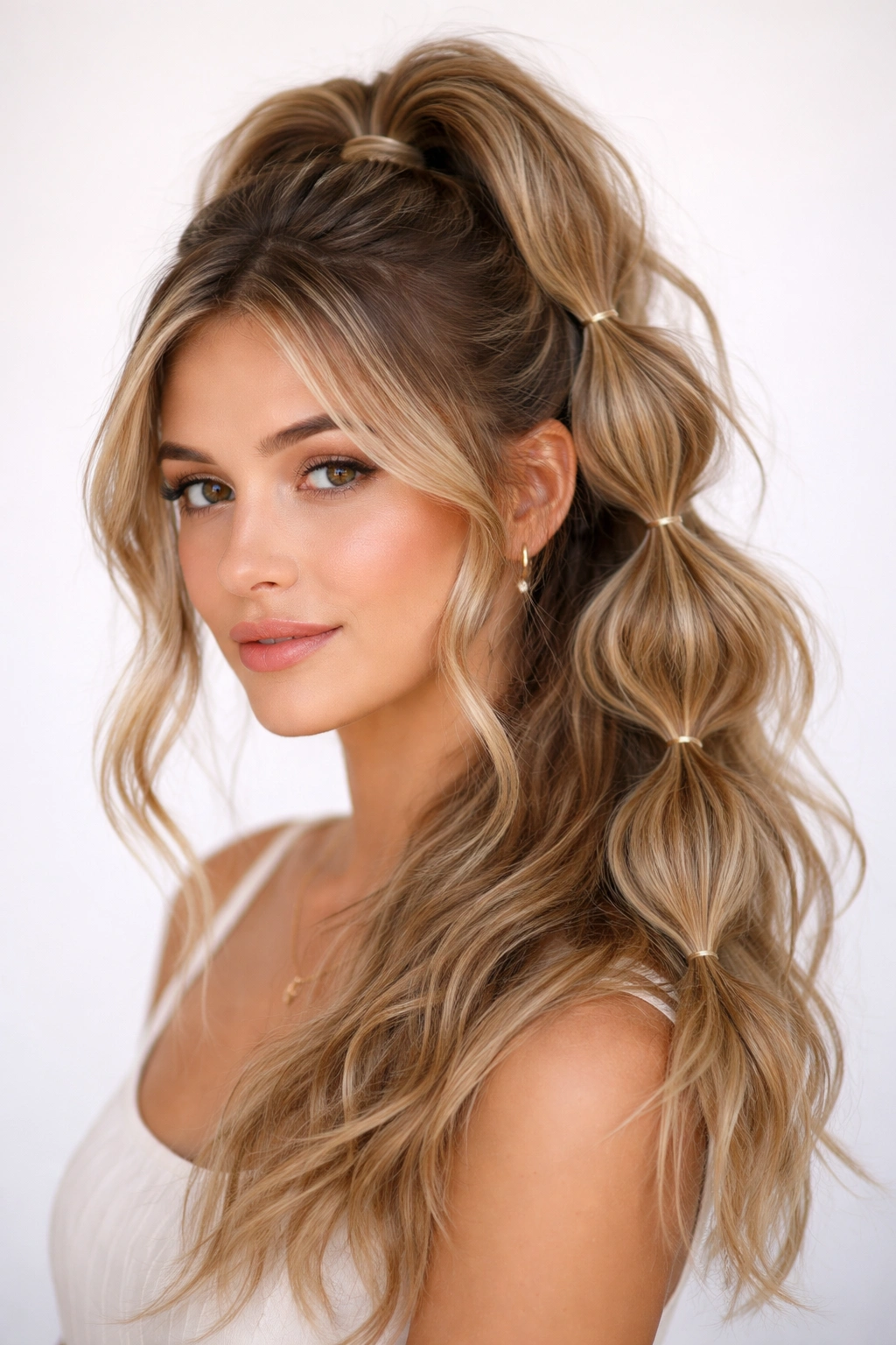 Bubble elastic segments along a half-up ponytail