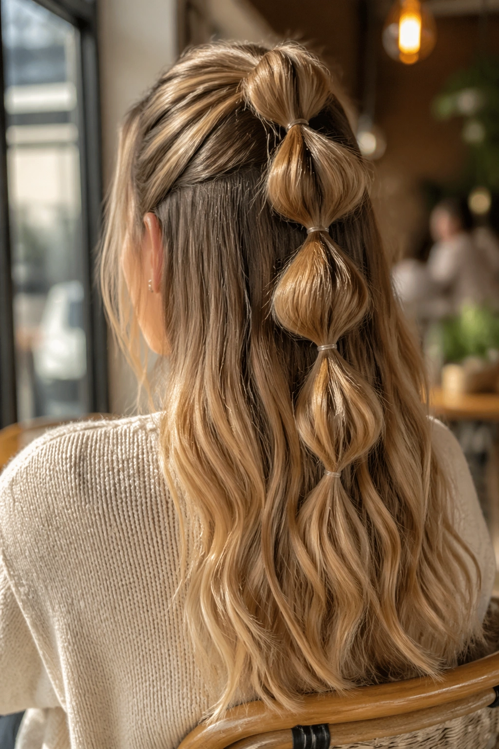 Back view close-up of a real woman with a bubble half-up ponytail.