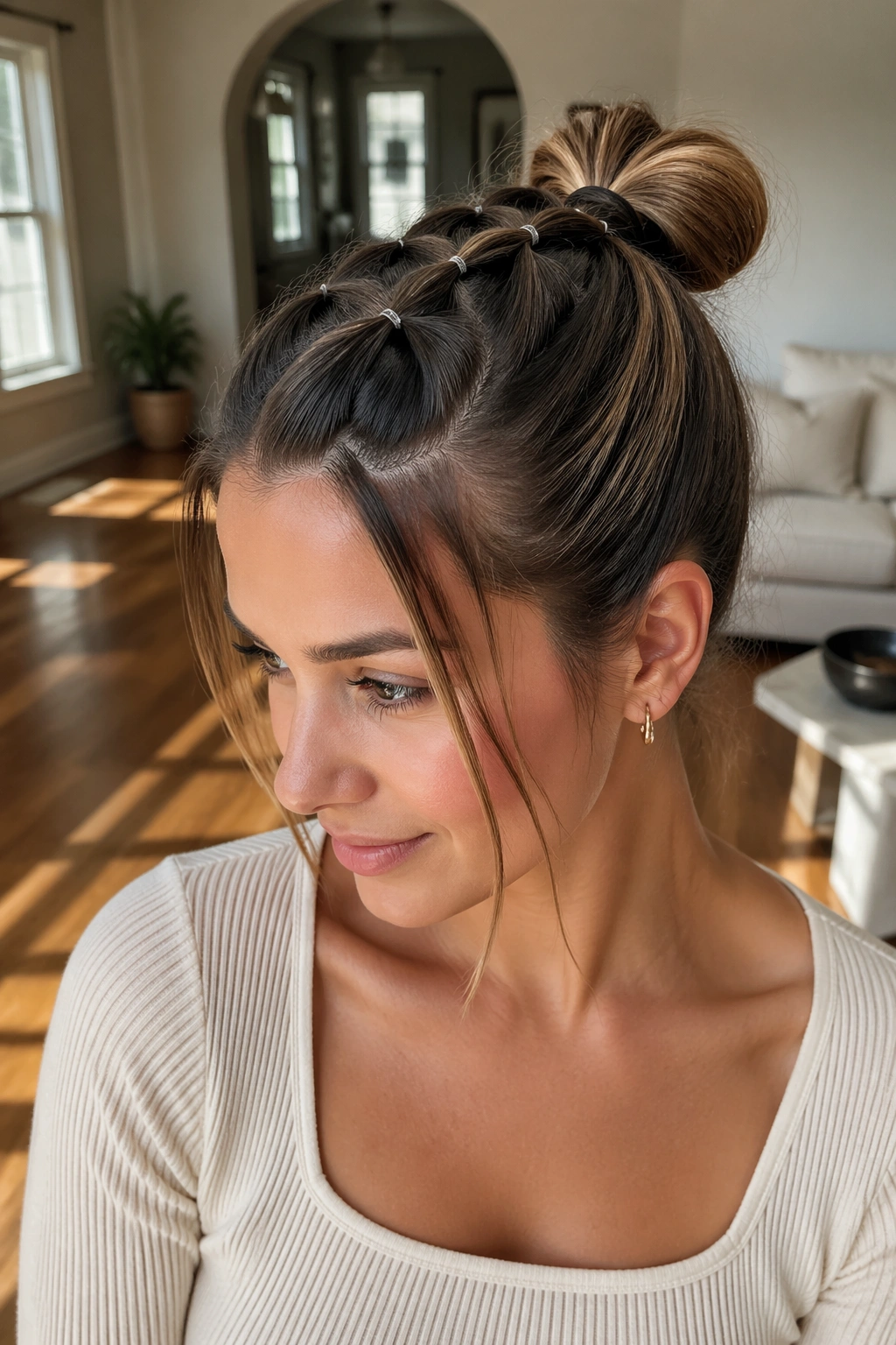 Woman with bubble half up ponytail bun in a sunlit room