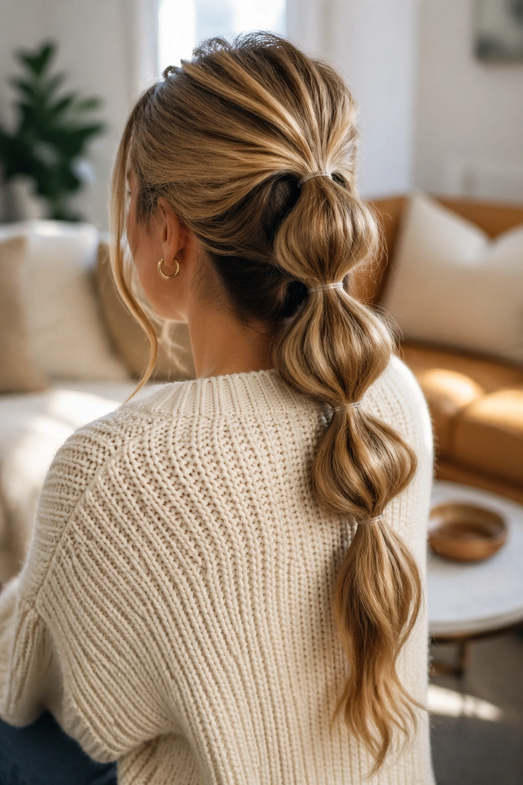 Three-quarter rear view of a real woman with a bubble half up ponytail