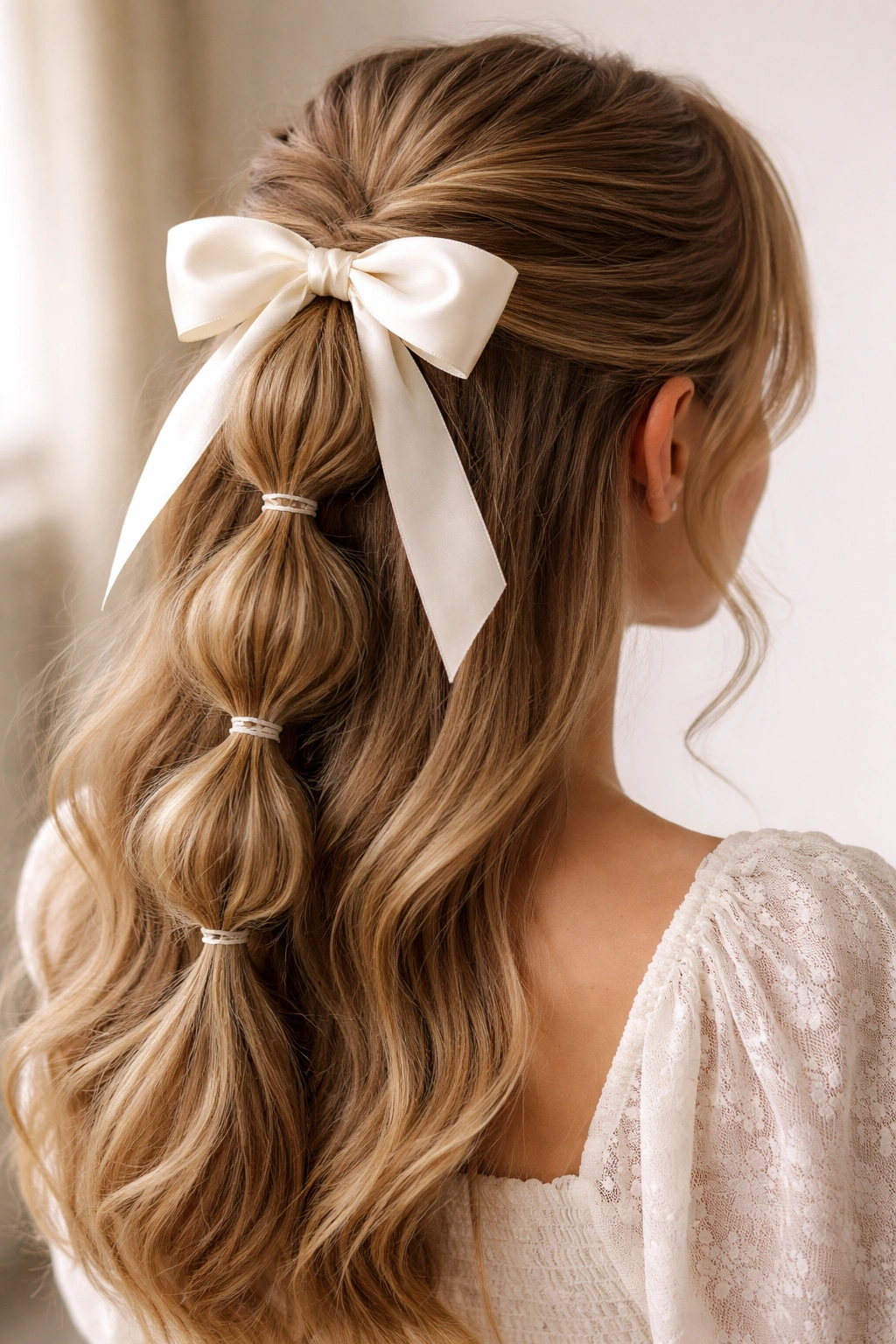 Close-up of bubble half-up ponytail with ribbon bow, evenly spaced bubbles.