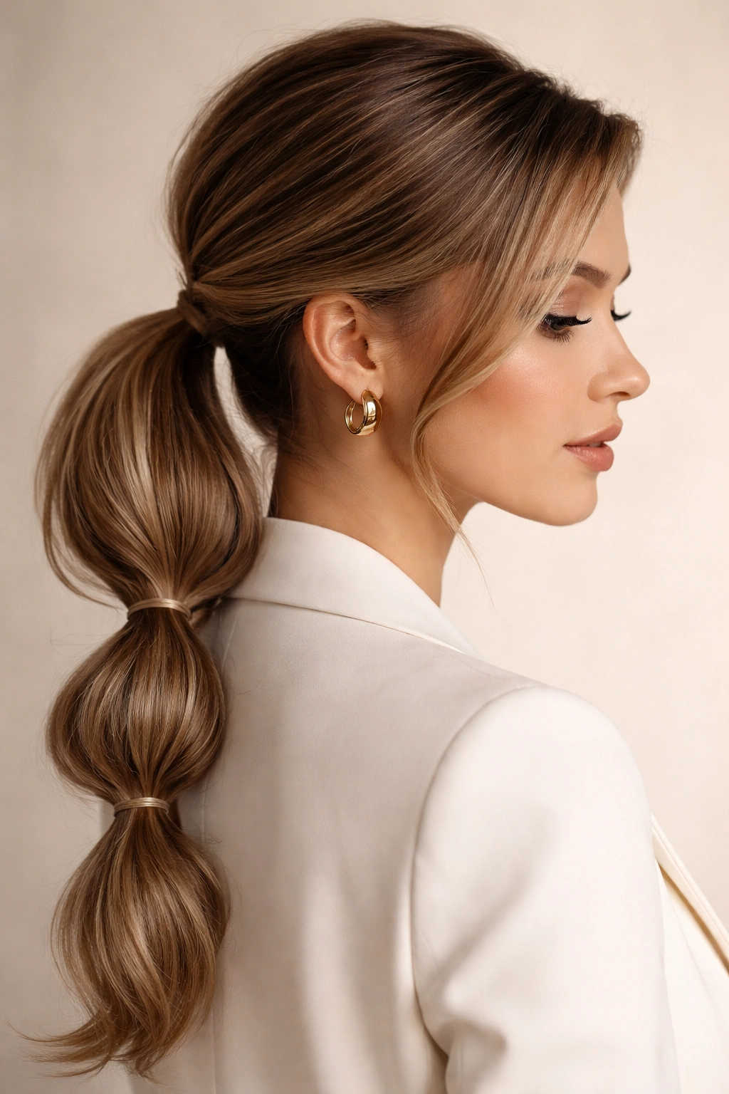Deep side-part bubble low ponytail with lifted crown and defined bubbles