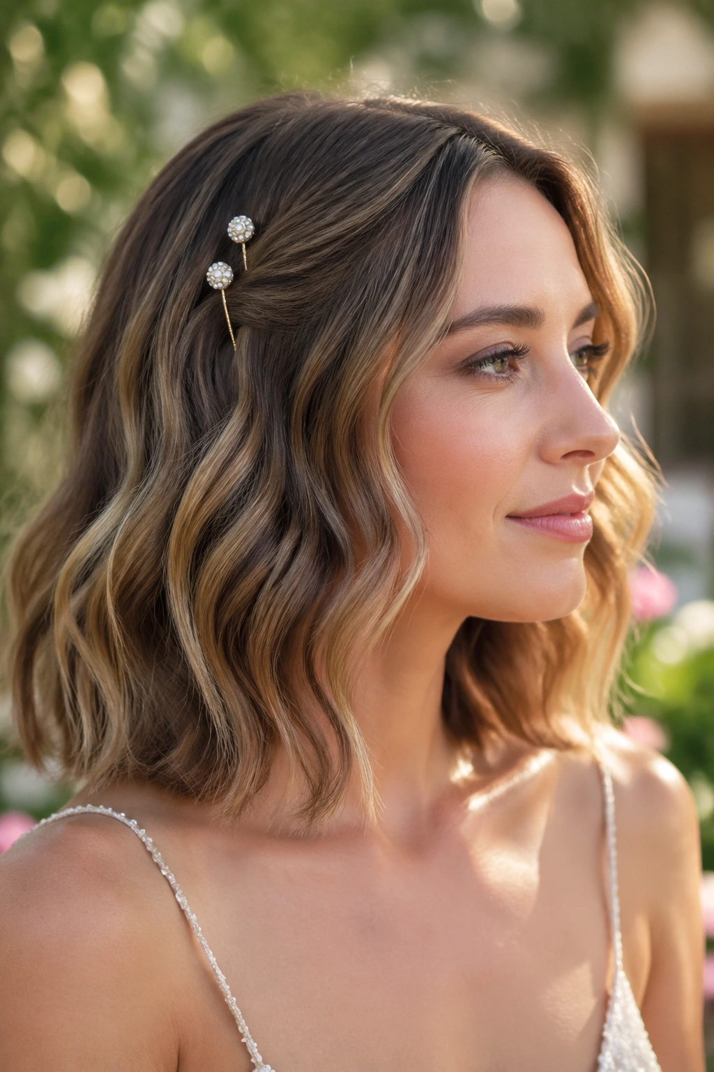 Close-up of a woman with a wavy lob and two bubble pins above the ear in a sunlit garden