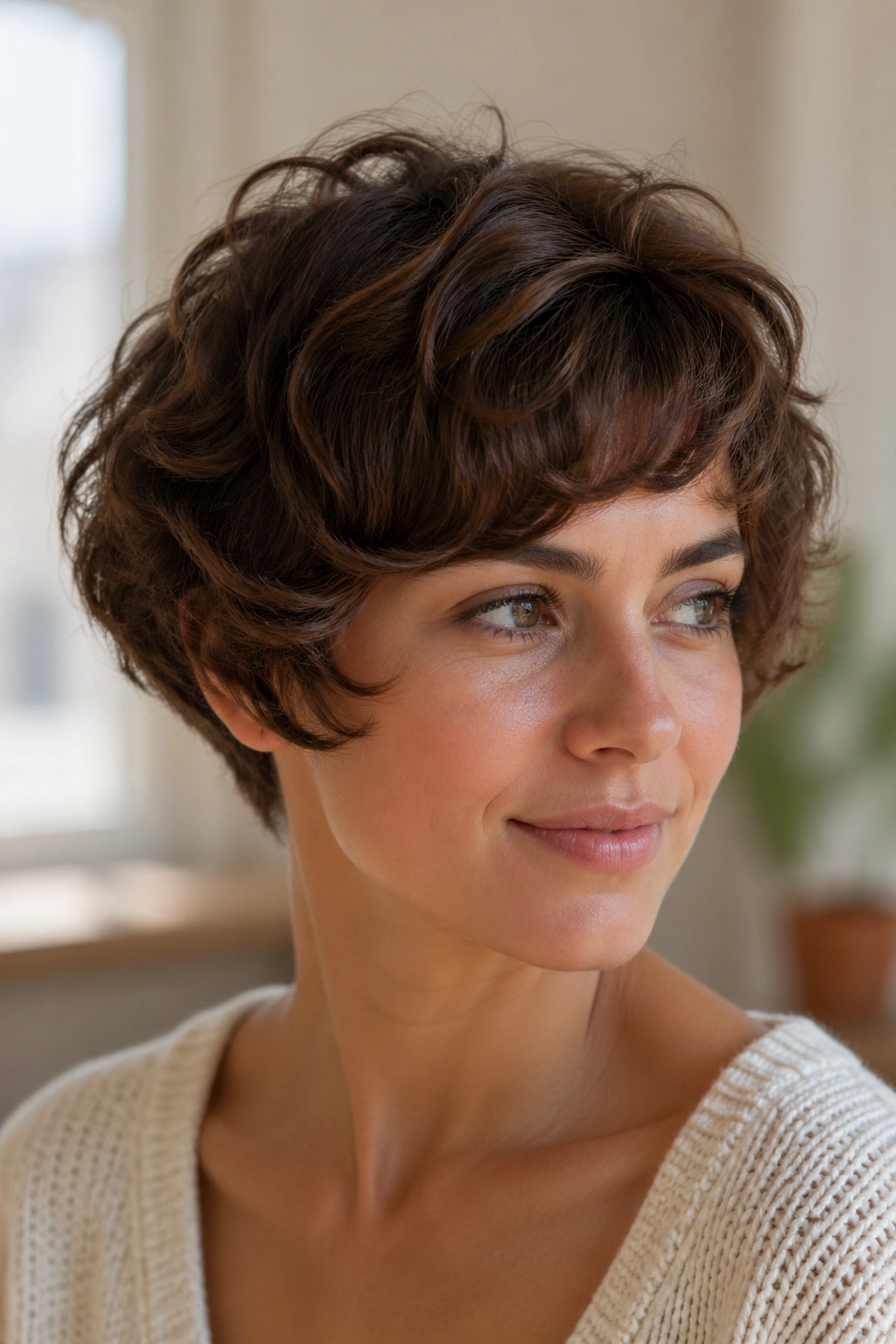 Portrait of a real person with rounded bubble pixie hairstyle.