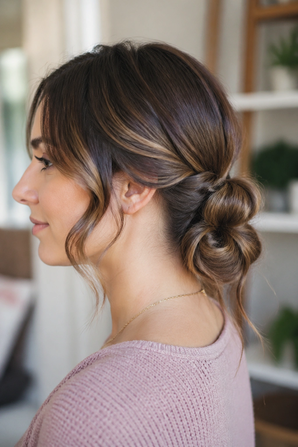 Close-up of real woman with a low bubble pony tucked into a bun and shoulder-length waves