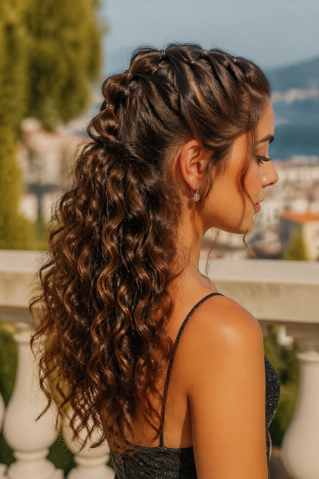 Side profile of mini bubble pony at the crown outdoors at golden hour.