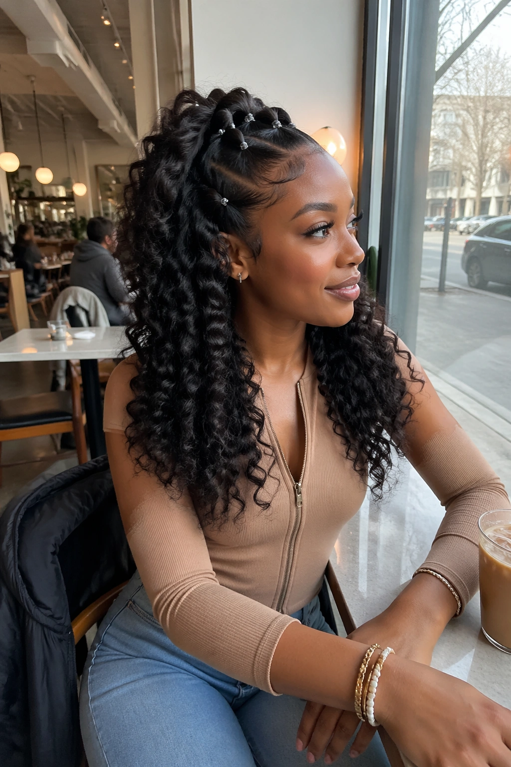 Wide cafe scene showing bubble pony with curly ends on wig.