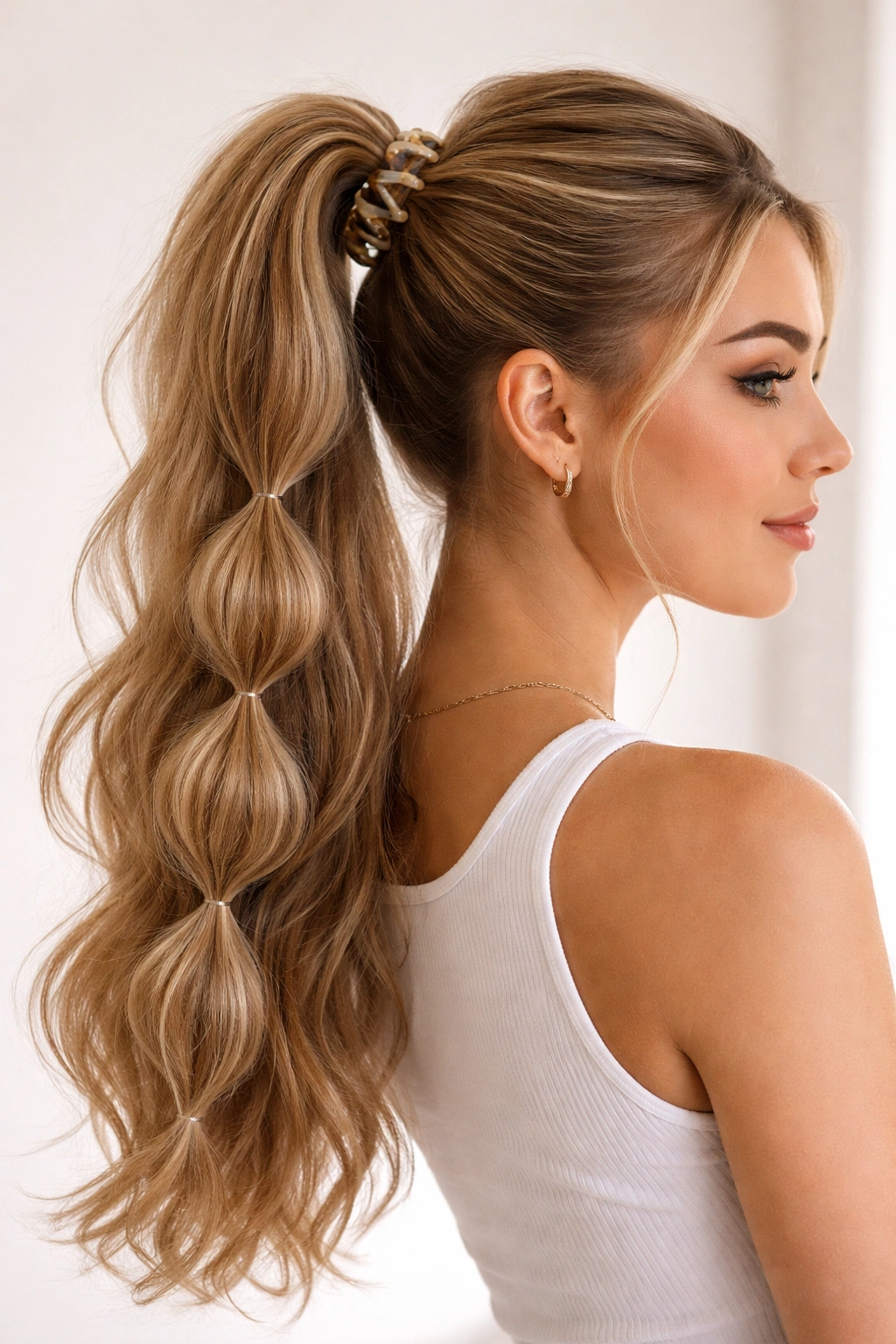 High pony with bubble sections created by elastics along the length beneath the clip