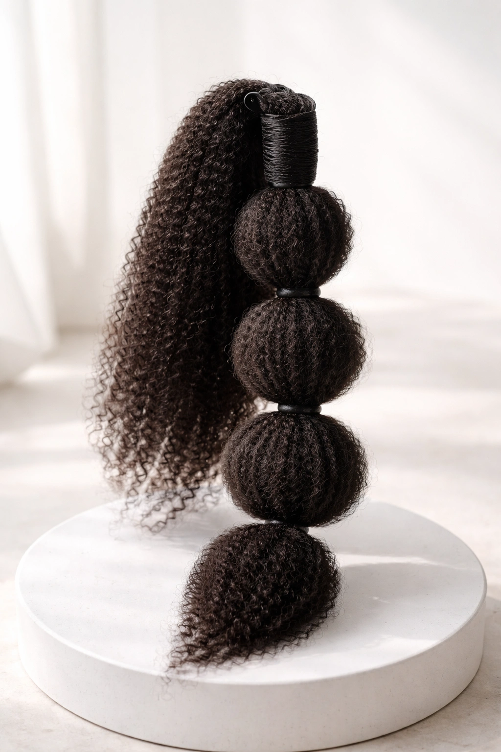 Pre-bubbled ponytail extension with segmented bubble curls on a display stand