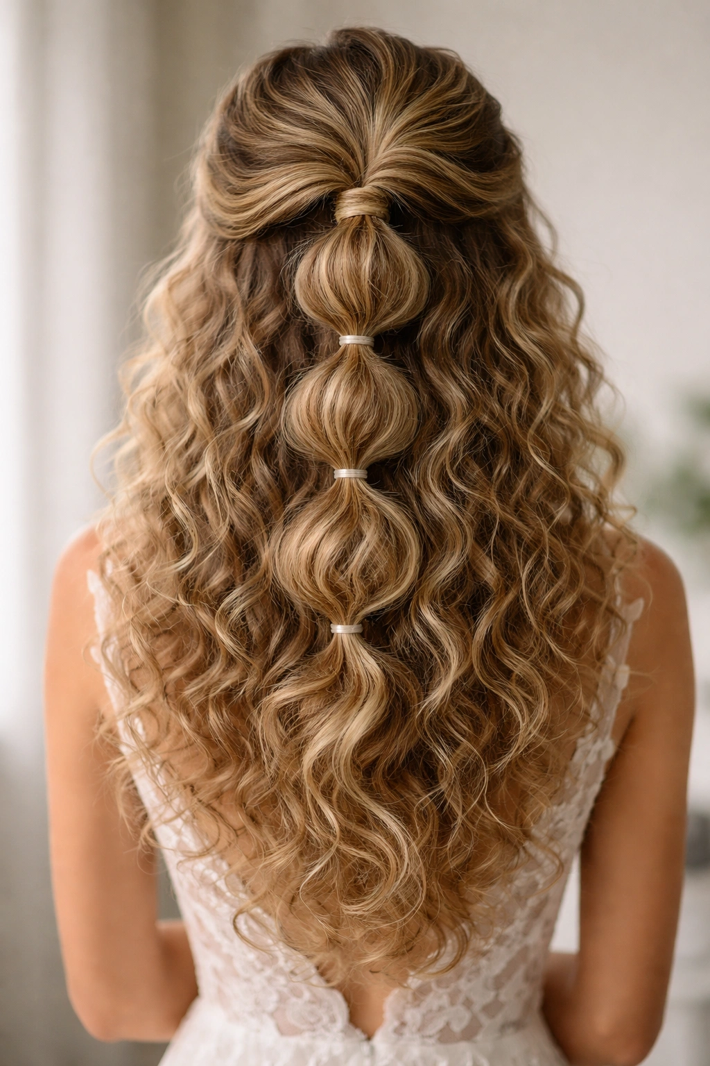 Back view of thick curls in a bubble pony half-up hairstyle.
