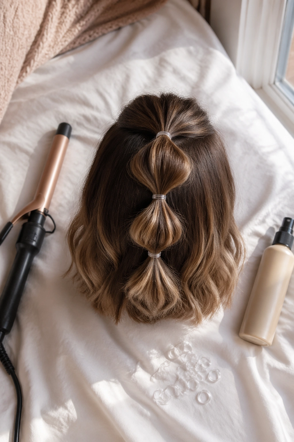 Overhead flat-lay of mini bubble half-up pony on lob with elastics.