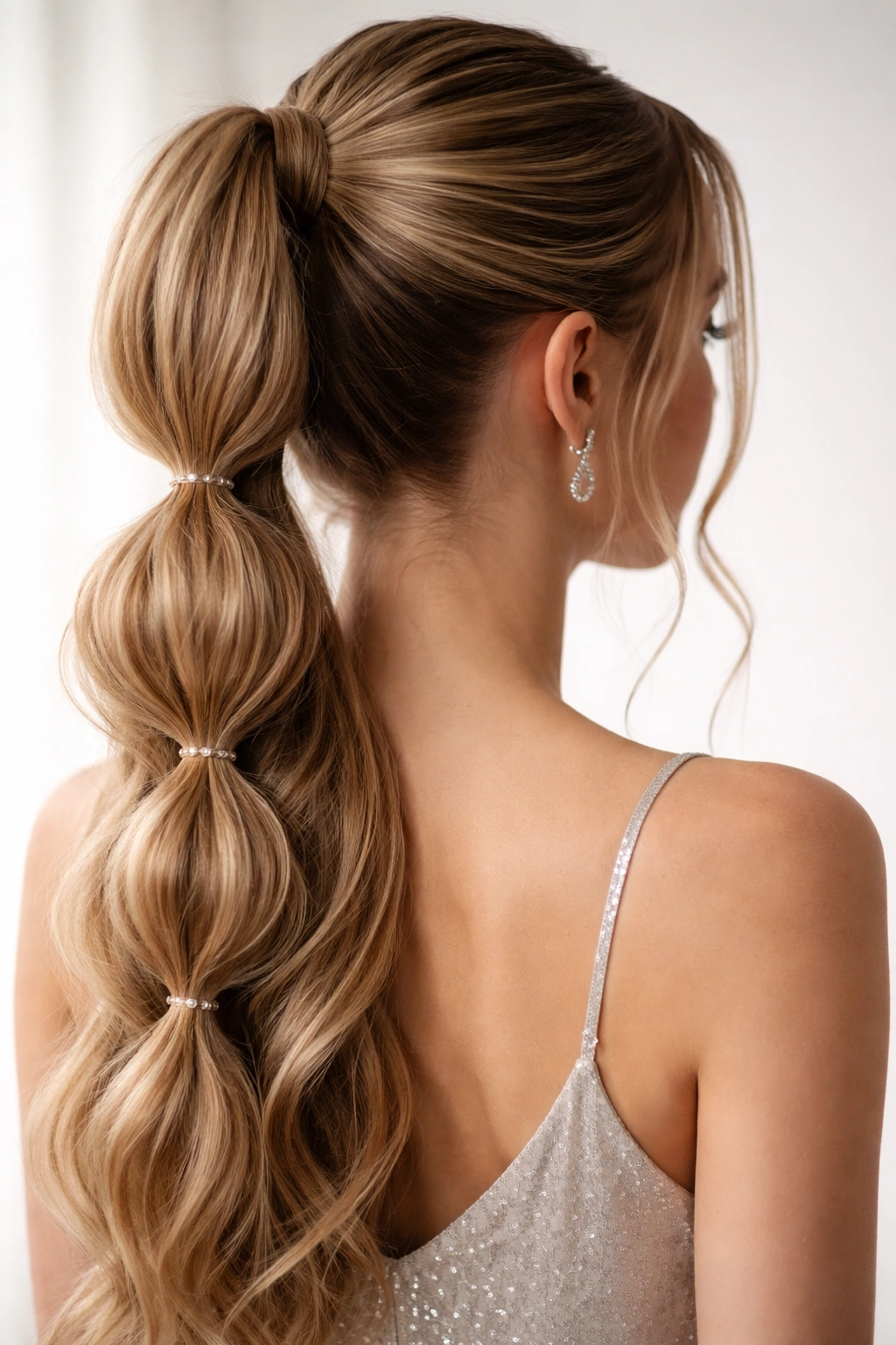 High ponytail with bubble sections formed by elastics.