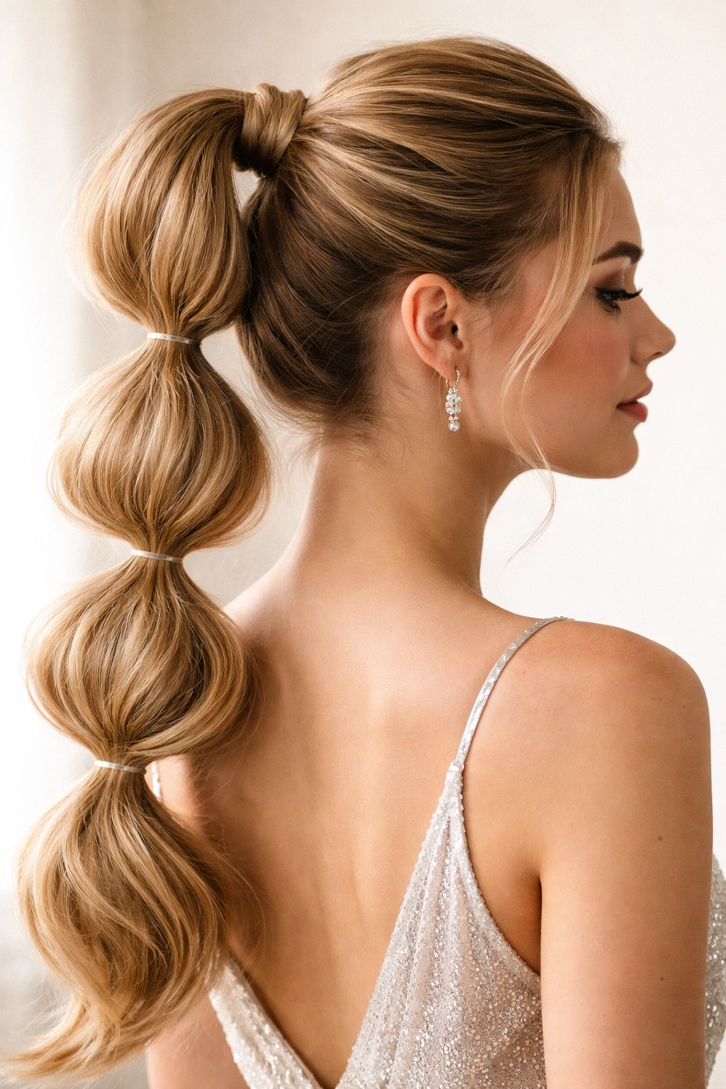 High ponytail with bubble-shaped sections created by stacked elastics along the length