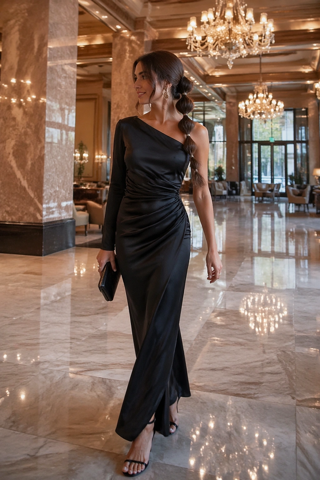 Full-body shot of a bubble ponytail with satin ties in a hotel lobby.