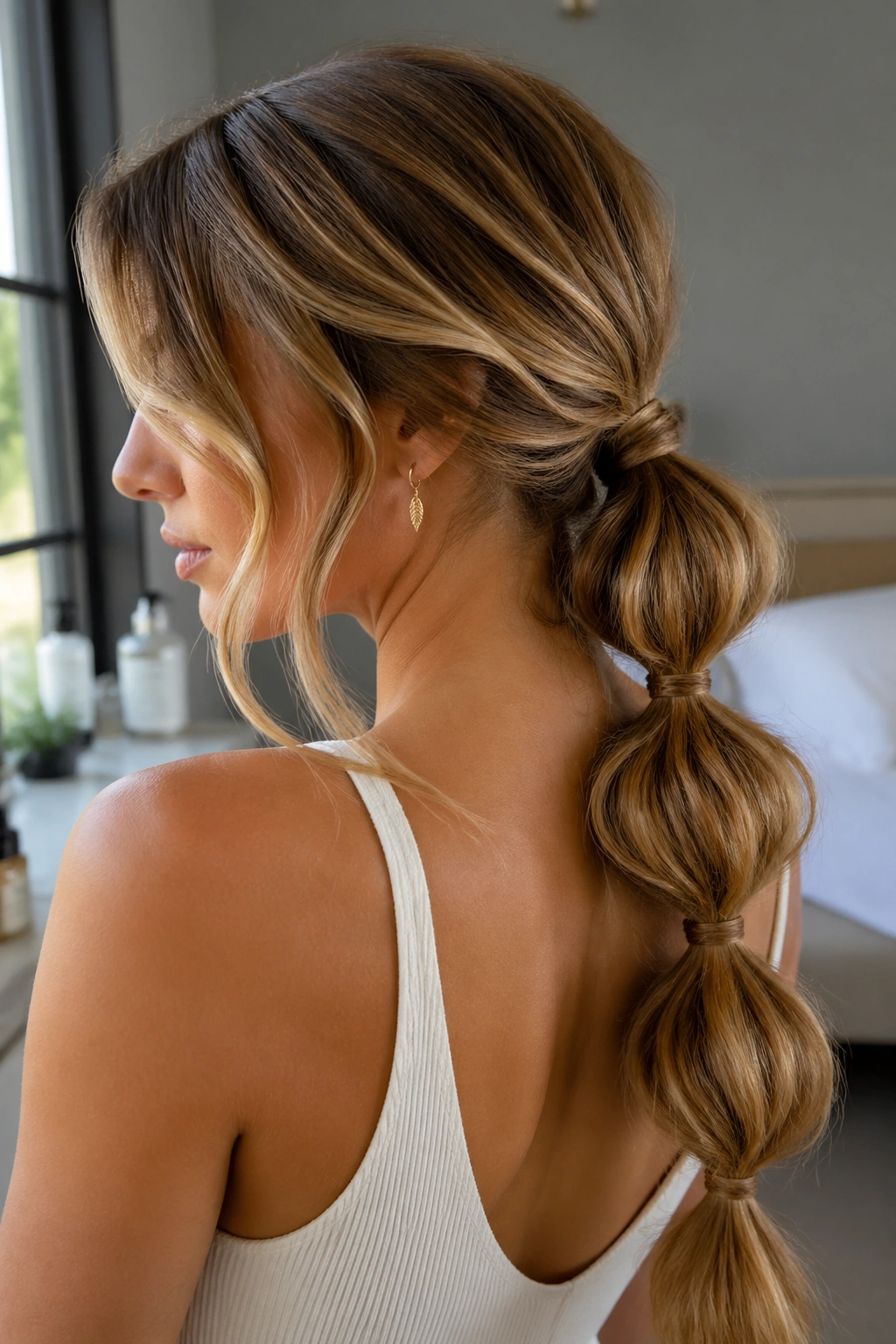 Close-up of a real woman with a bubble ponytail and wavy sections.