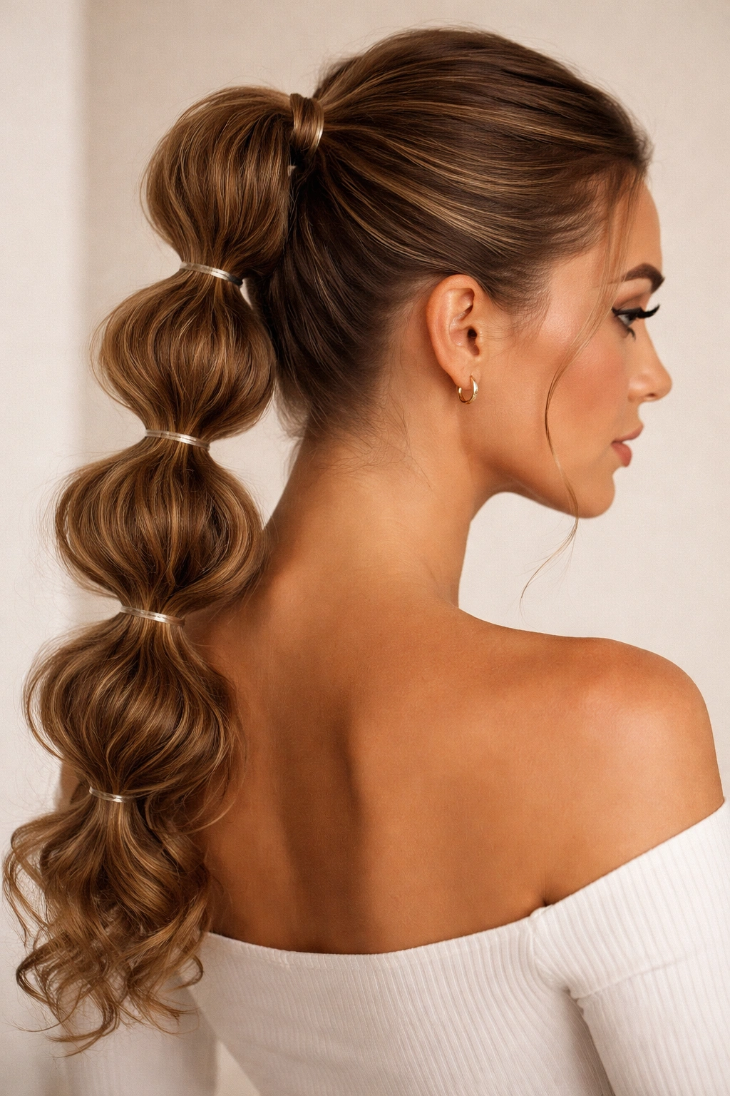 Close-up of The Bubble Pony showing stacked bubble sections on wavy hair