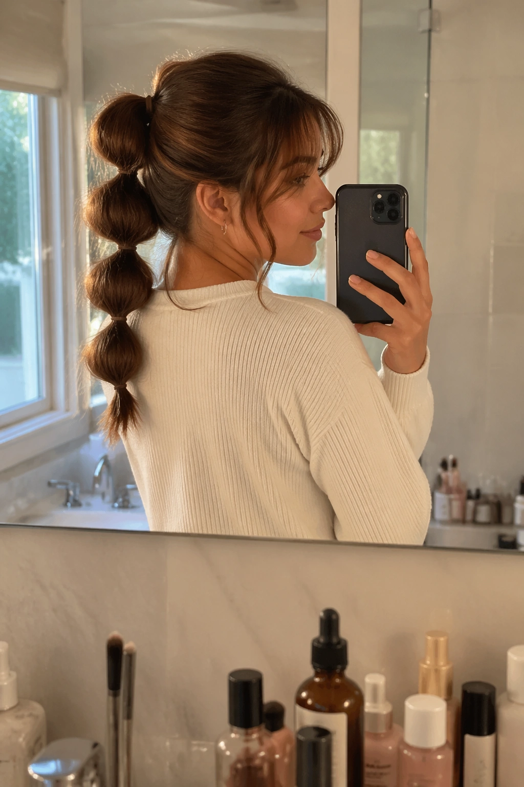 Bubble half-up ponytail with wispy bangs seen in mirror selfie