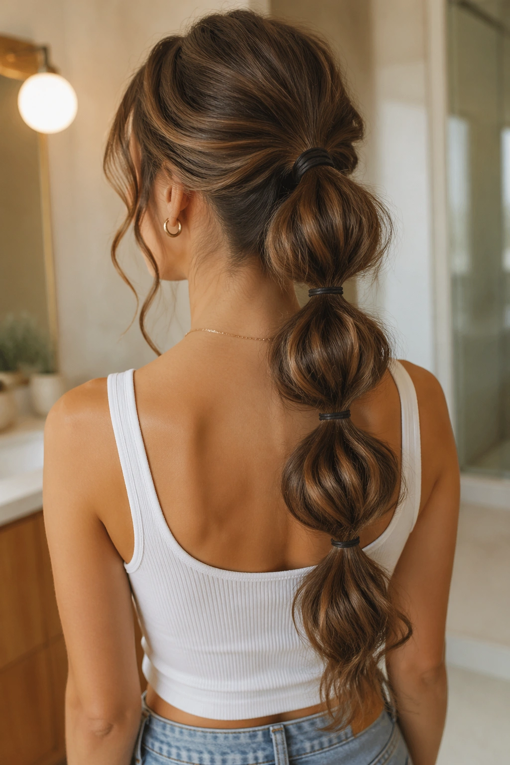Back-of-head view of woman with bubble ponytail and soft pull-outs