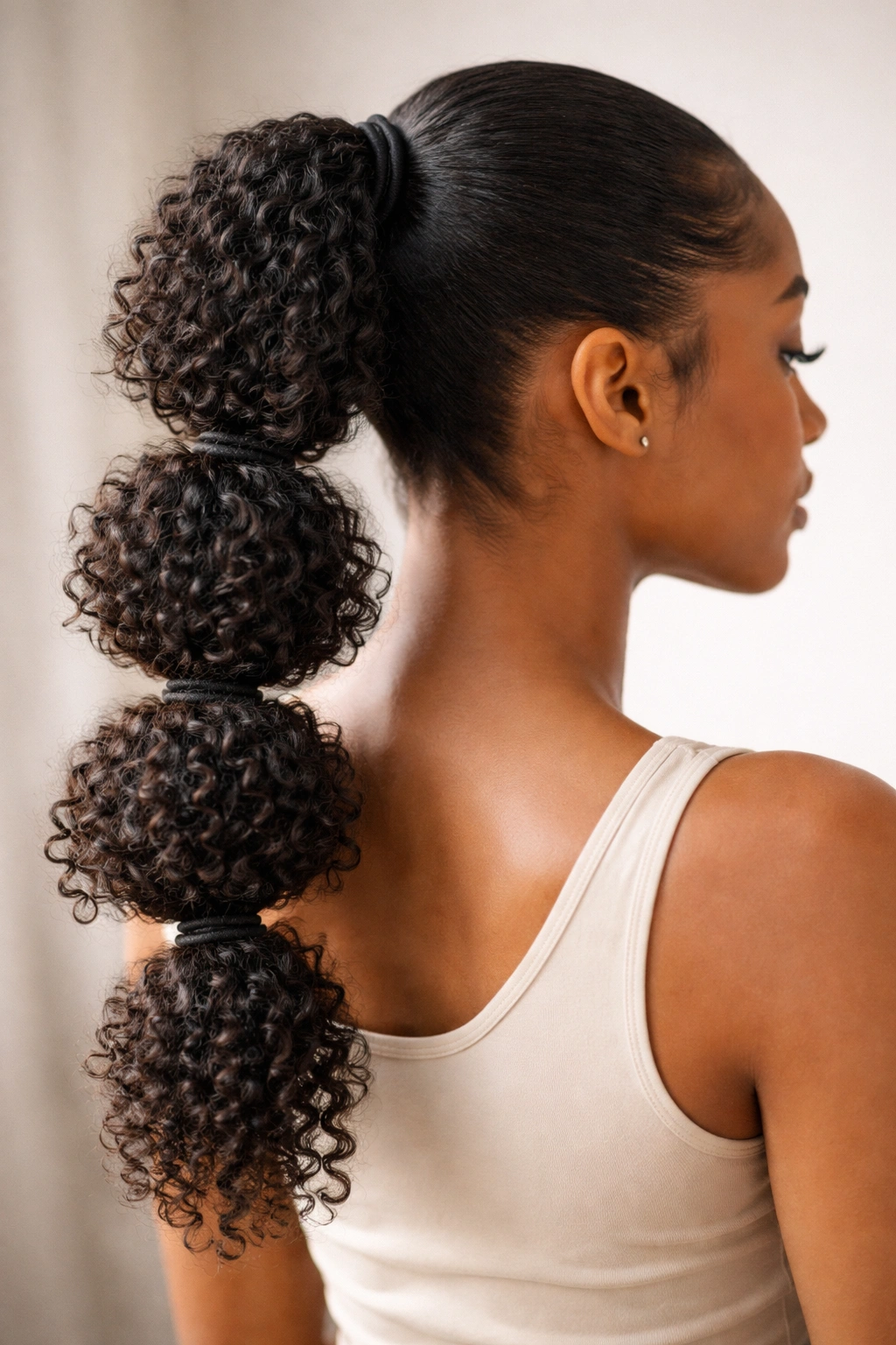 Close-up of bubble ponytail on 3C/4A curls with airy round bubbles