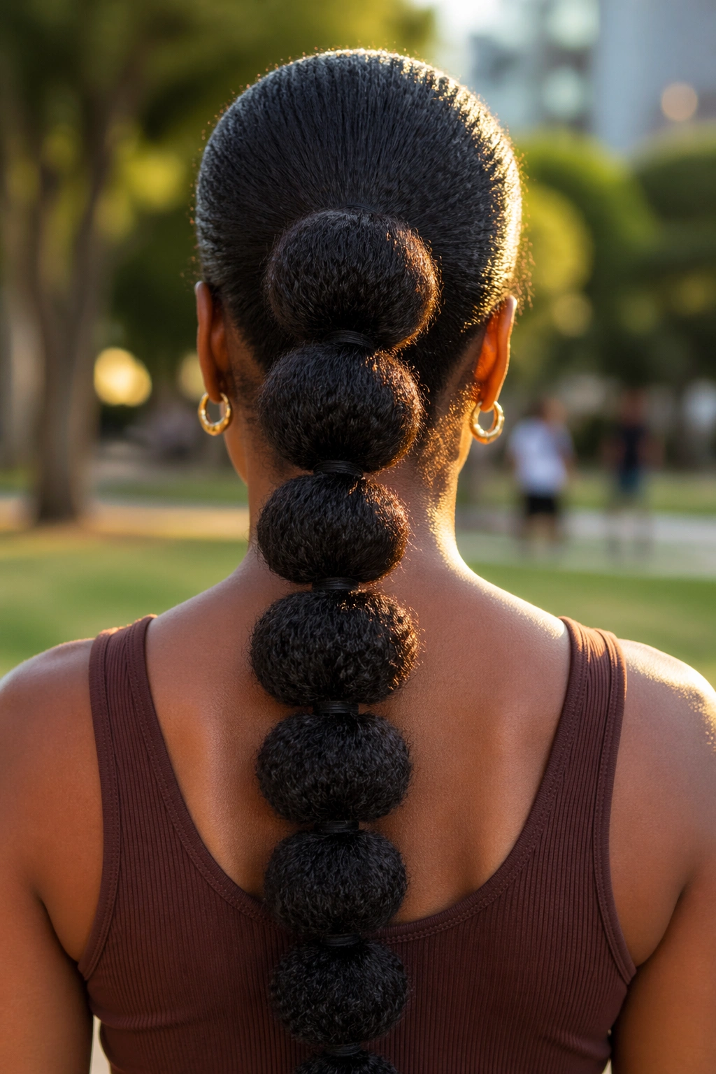Back-of-head close-up of a real woman with a bubble ponytail