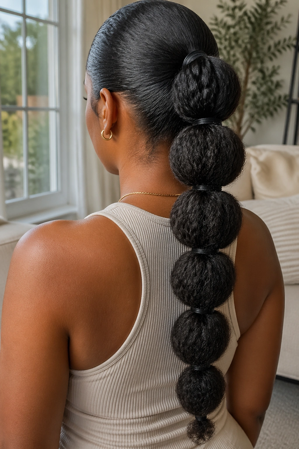 Back view of a real woman showing a segmented bubble ponytail along the tail