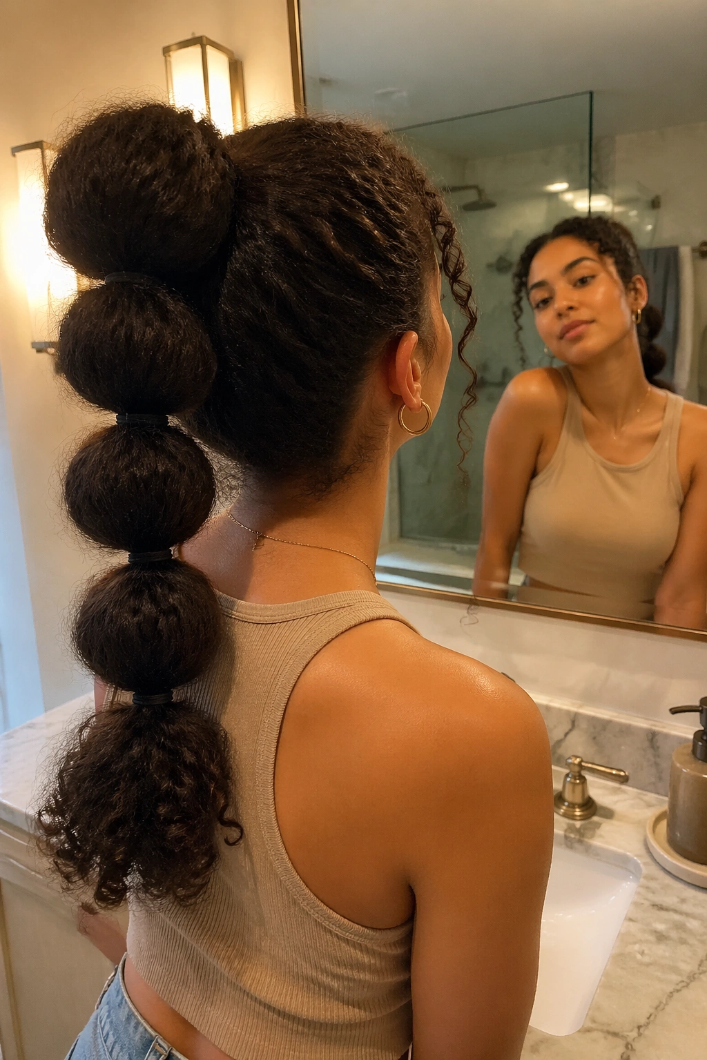 Candid over-the-shoulder bubble ponytail in a bathroom mirror