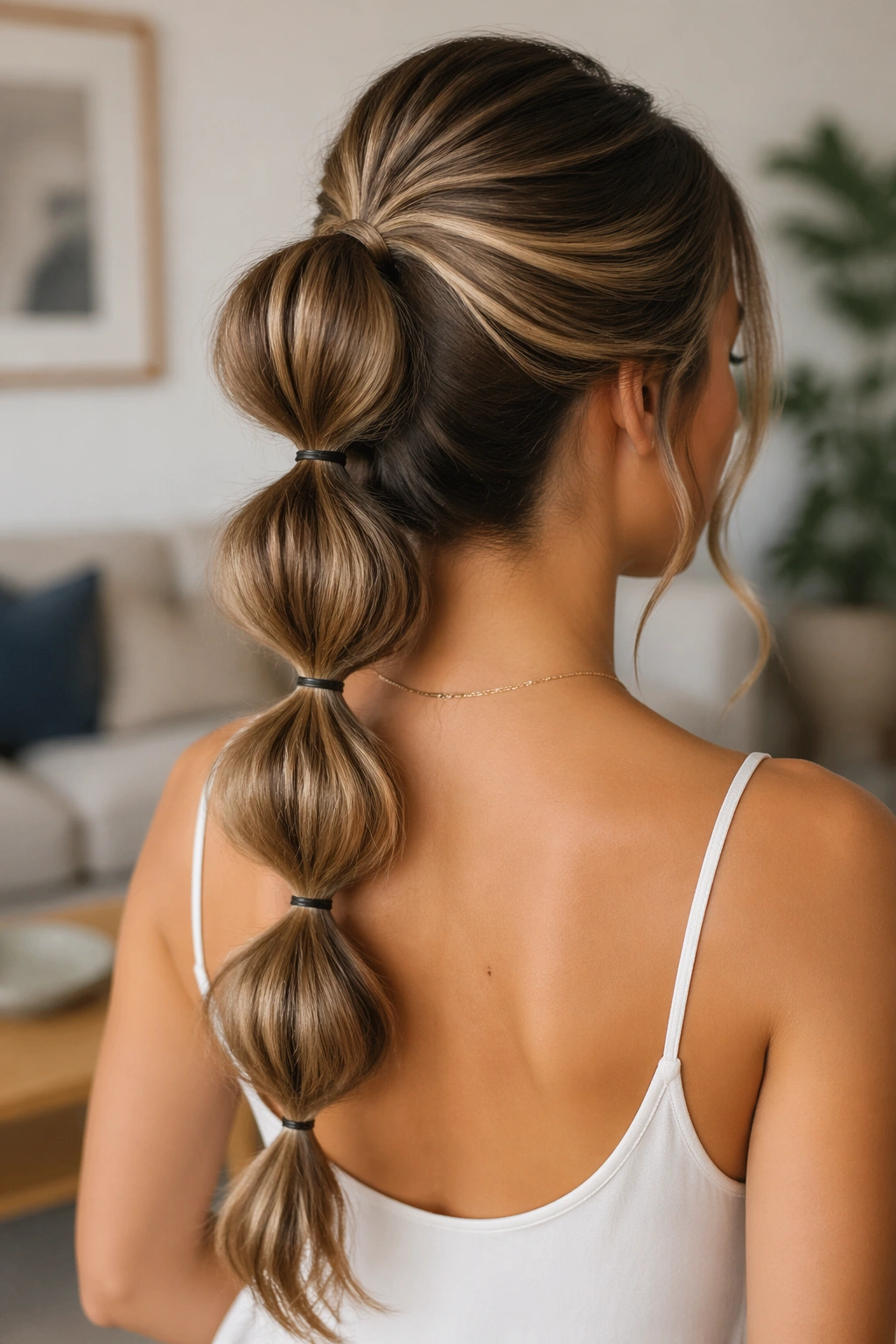 Back view of a real woman with a bubble ponytail along the length