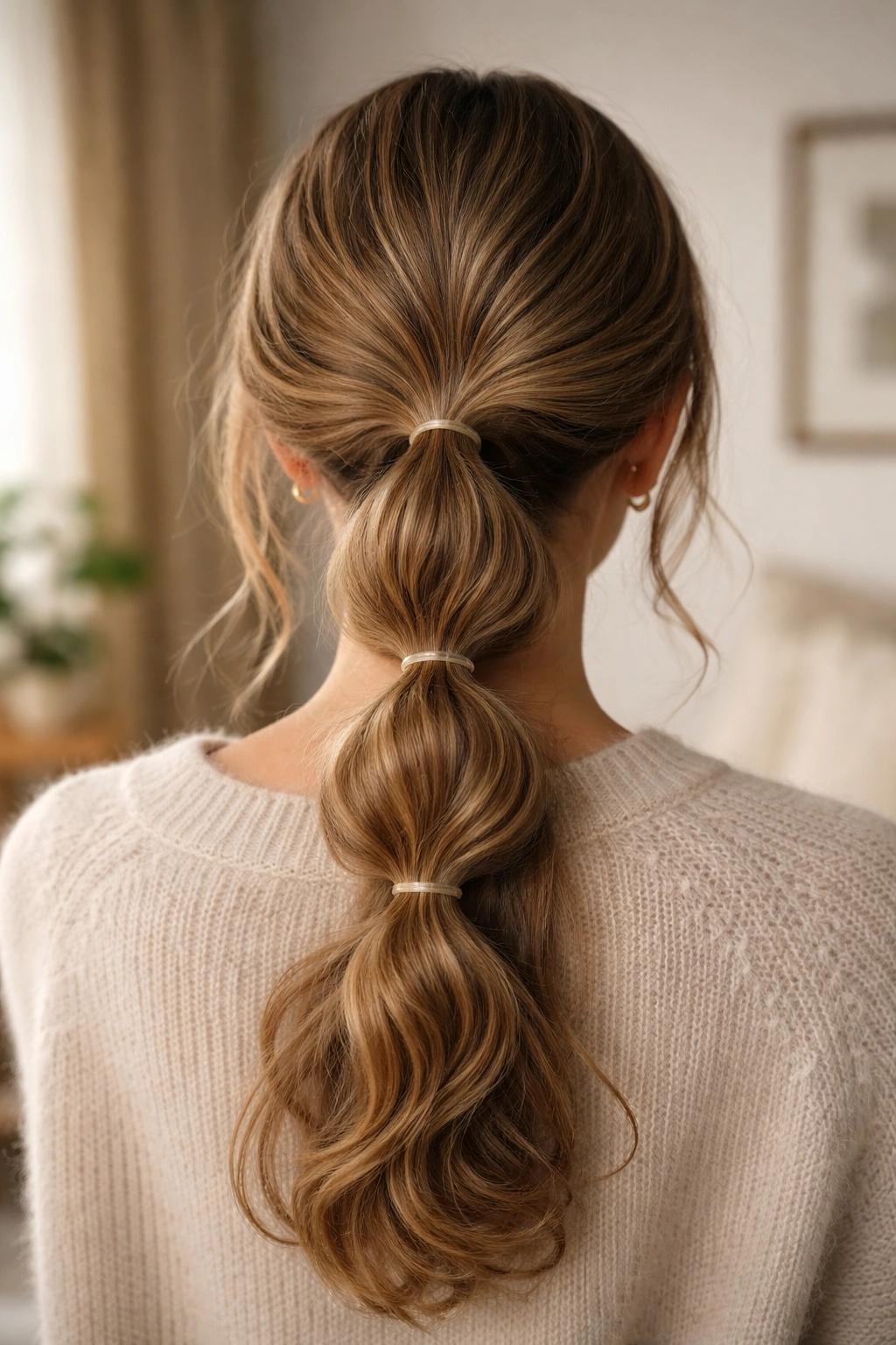 Back view of a real person with a bubble ponytail at the nape