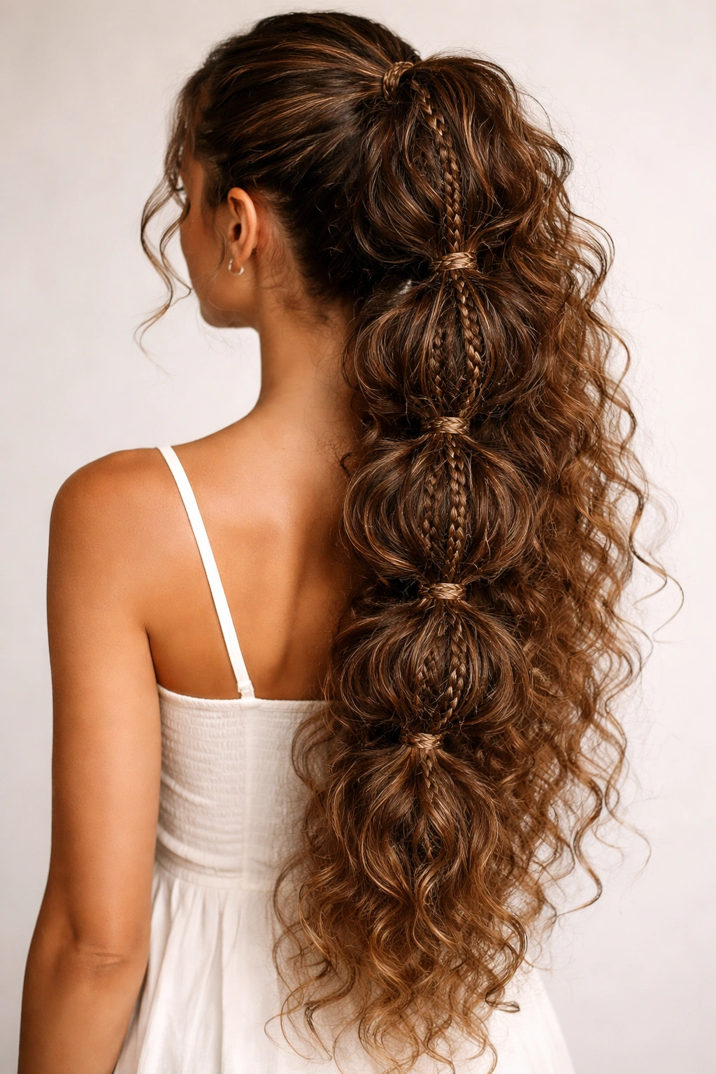 Bubble ponytail with tiny accent braids on a curly hairstyle