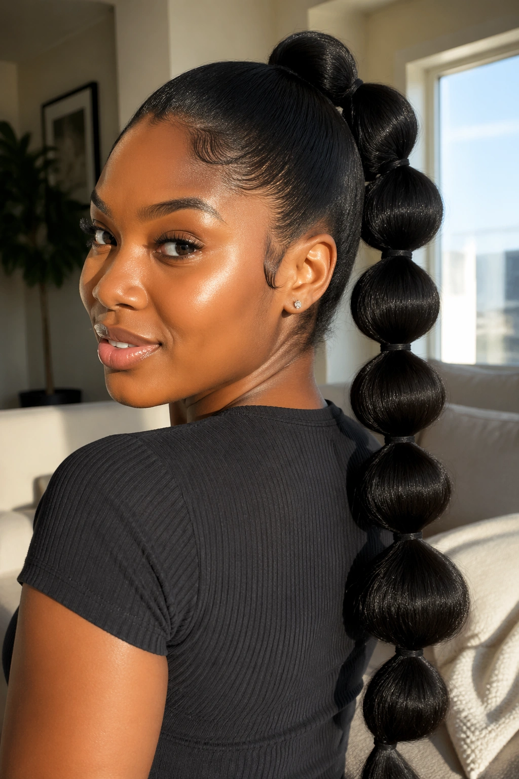 Close-up of a real woman with bubble drawstring ponytail on Afro hair in a sunlit living room.