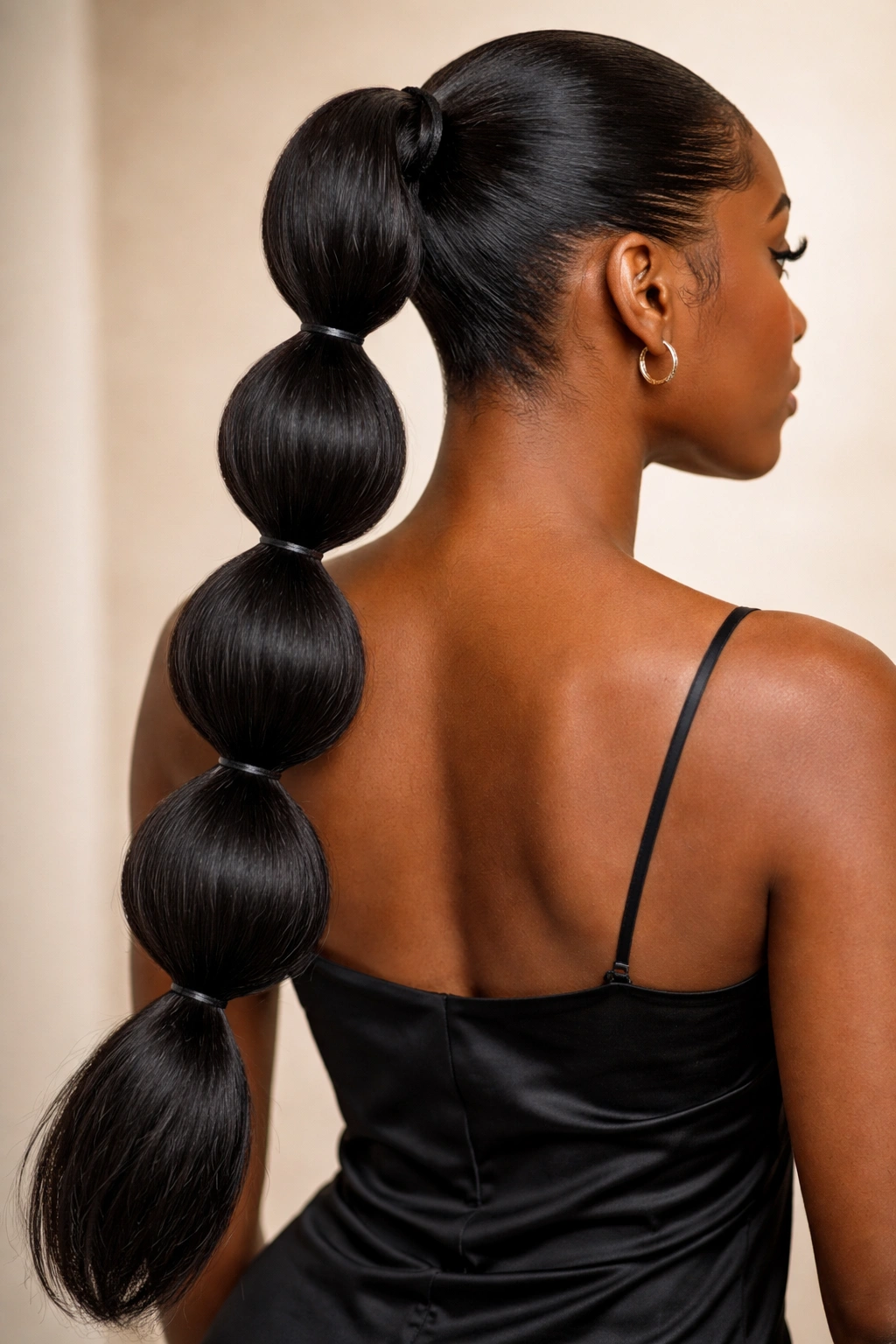 Bubble ponytail down the back on Afro hair