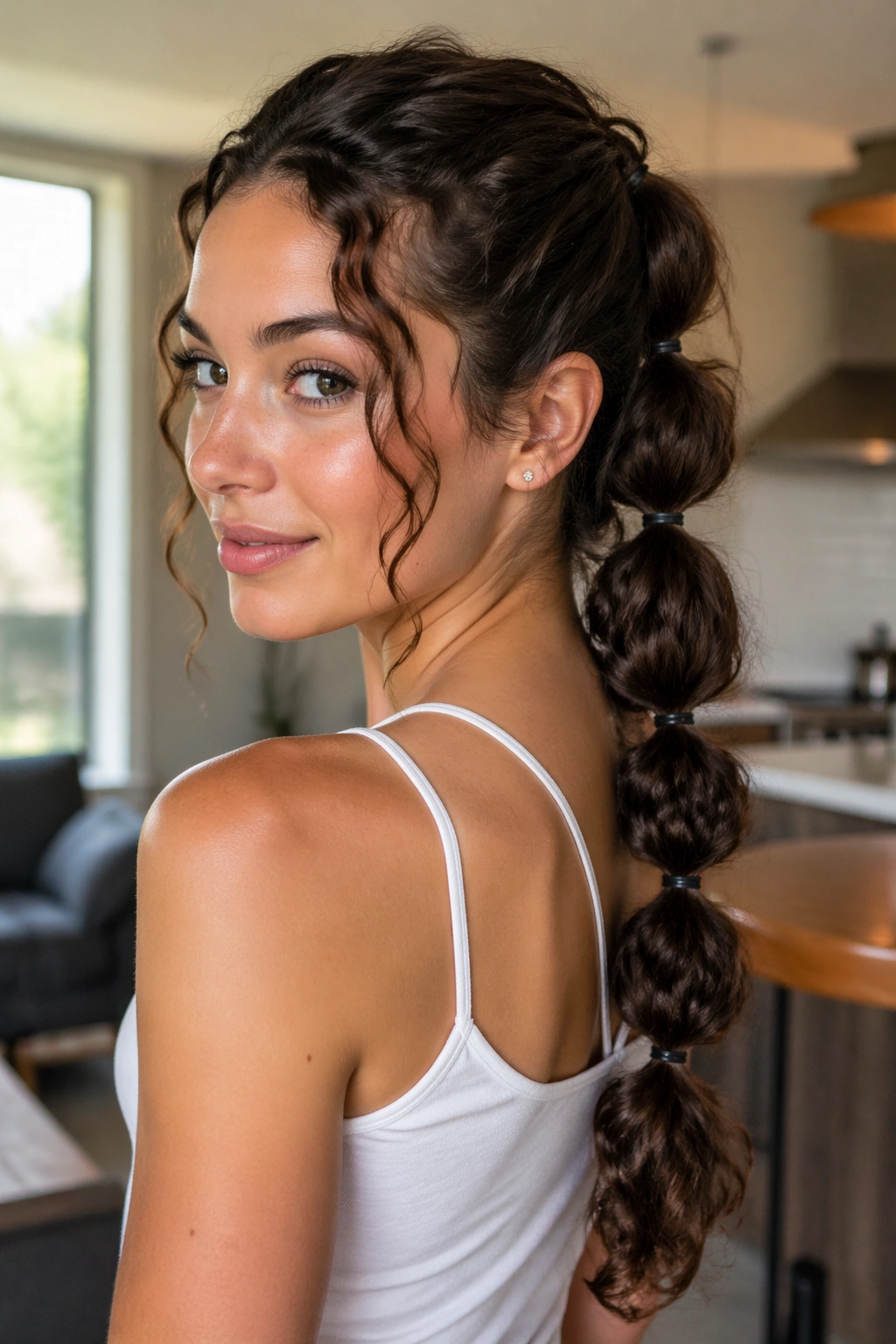 Close-up of a real woman with a bubble ponytail down the back.