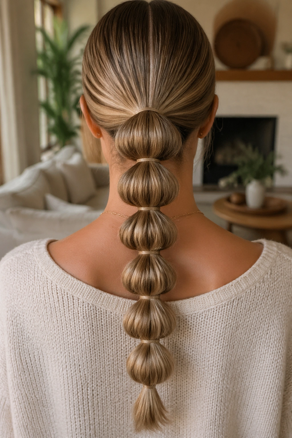 Back view of a real woman with a bubble ponytail cascading down the back