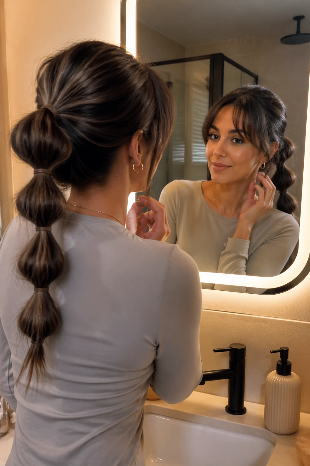 Bubble ponytail with curtain bangs viewed from over the shoulder.