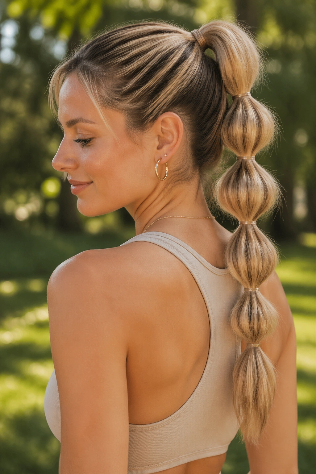 Close-up of a real woman with a beige blonde bubble ponytail