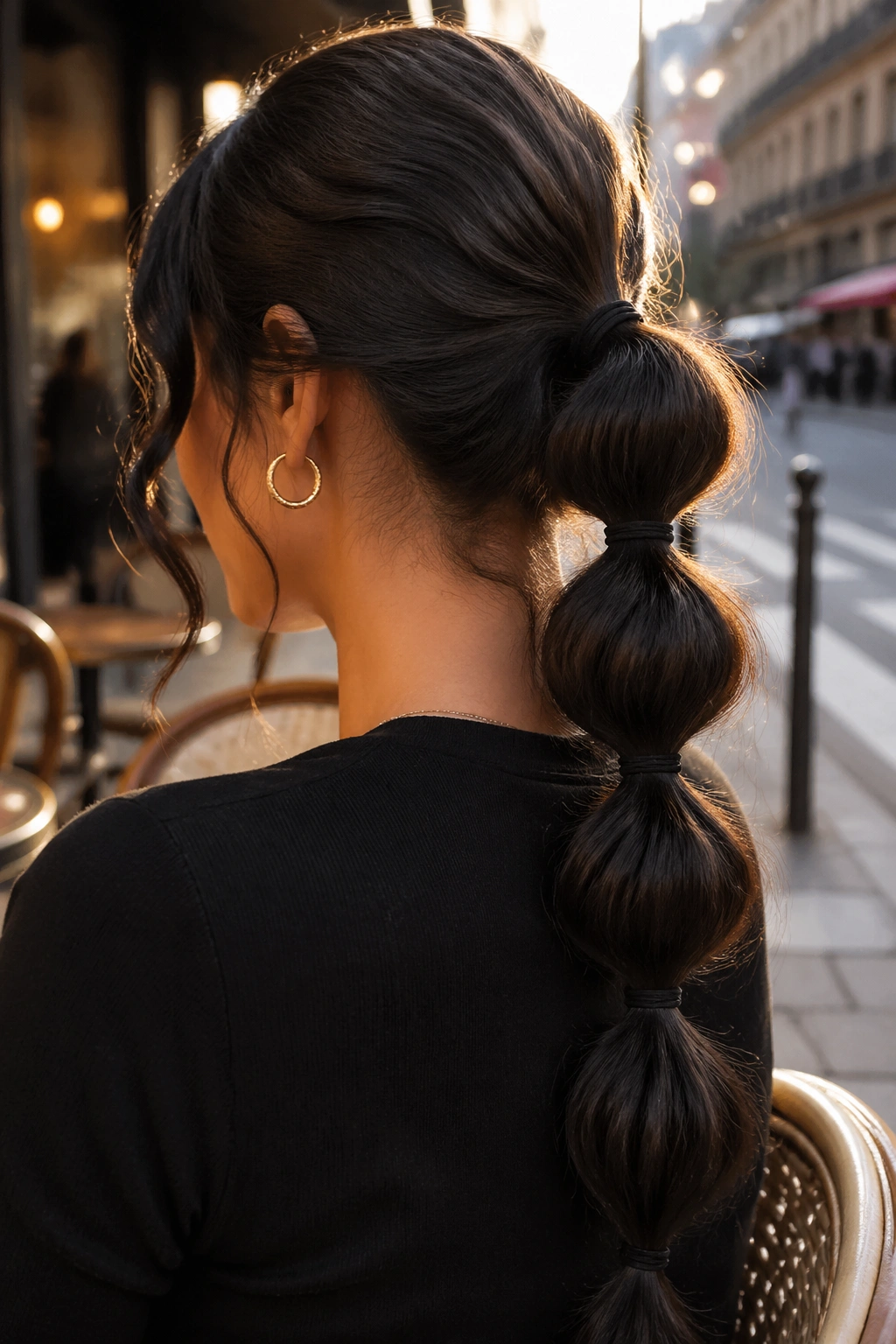 Back view of a real person showing a bubble ponytail with spaced segments and black elastics.