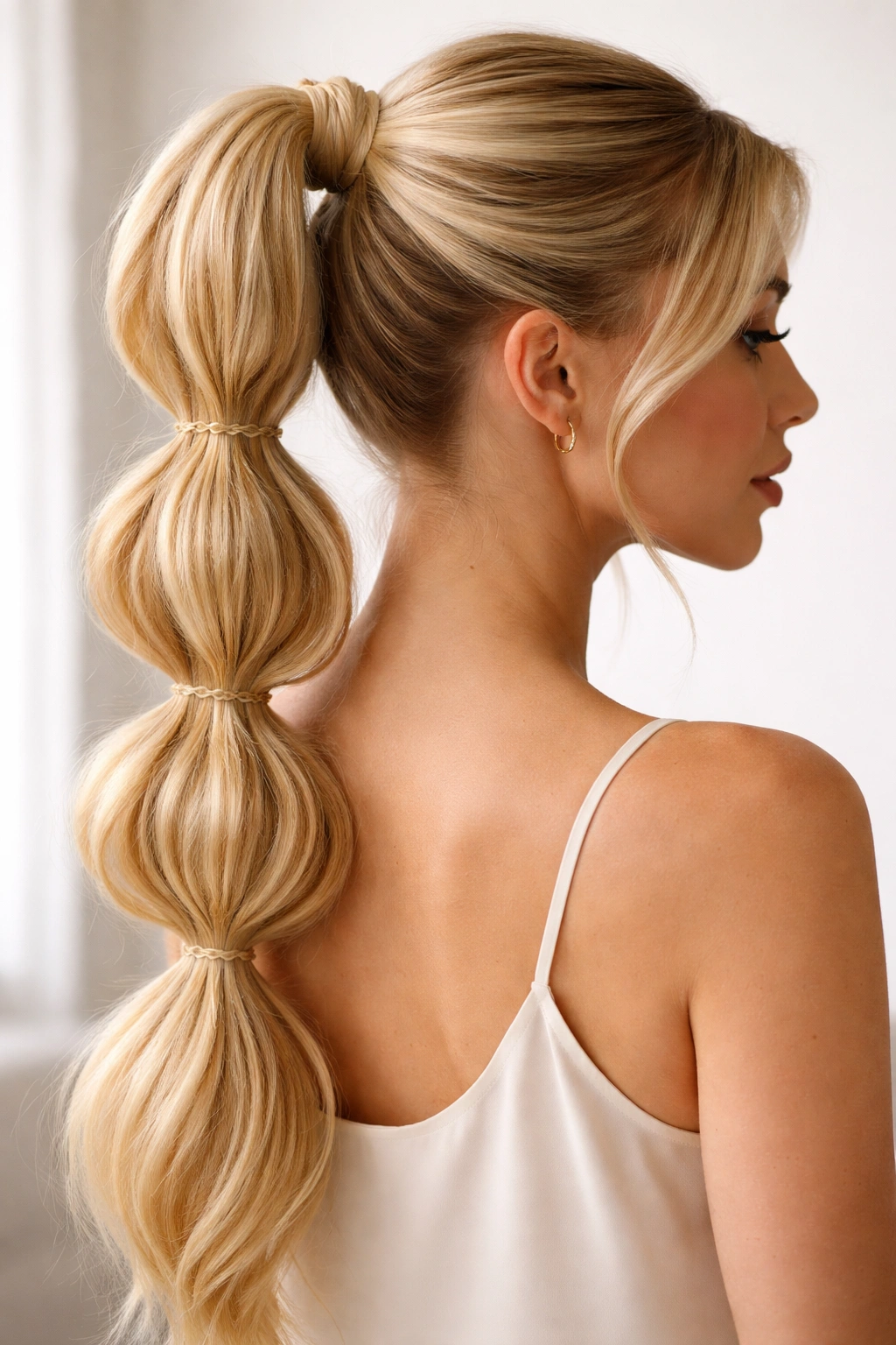 Bubble ponytail on blonde hair with multiple elastic segments