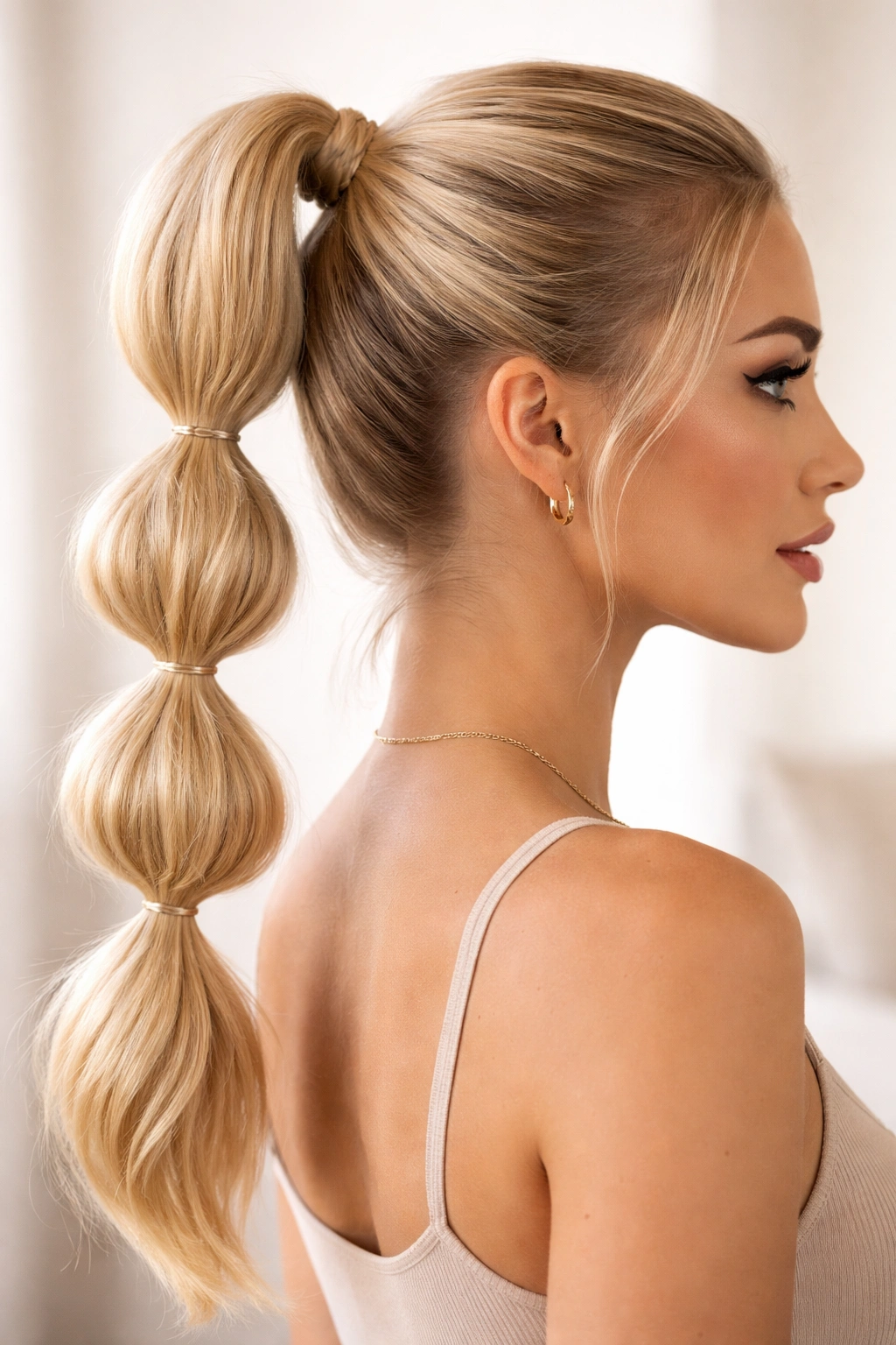 High ponytail with bubble sections along its length in blonde hair