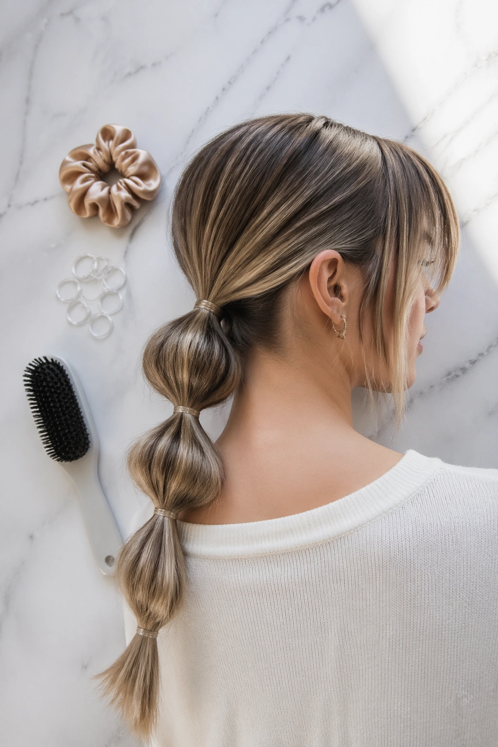 Overhead flat-lay of low bubble ponytail with blunt bangs.